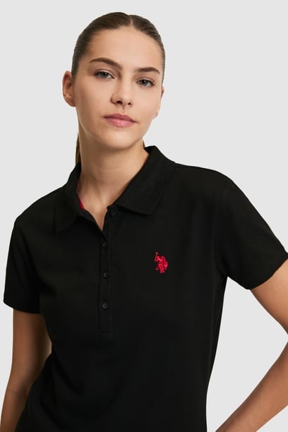 Kadın Siyah Polo Yaka Basic Tişört