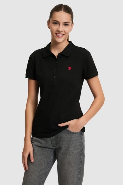 Kadın Siyah Polo Yaka Basic Tişört