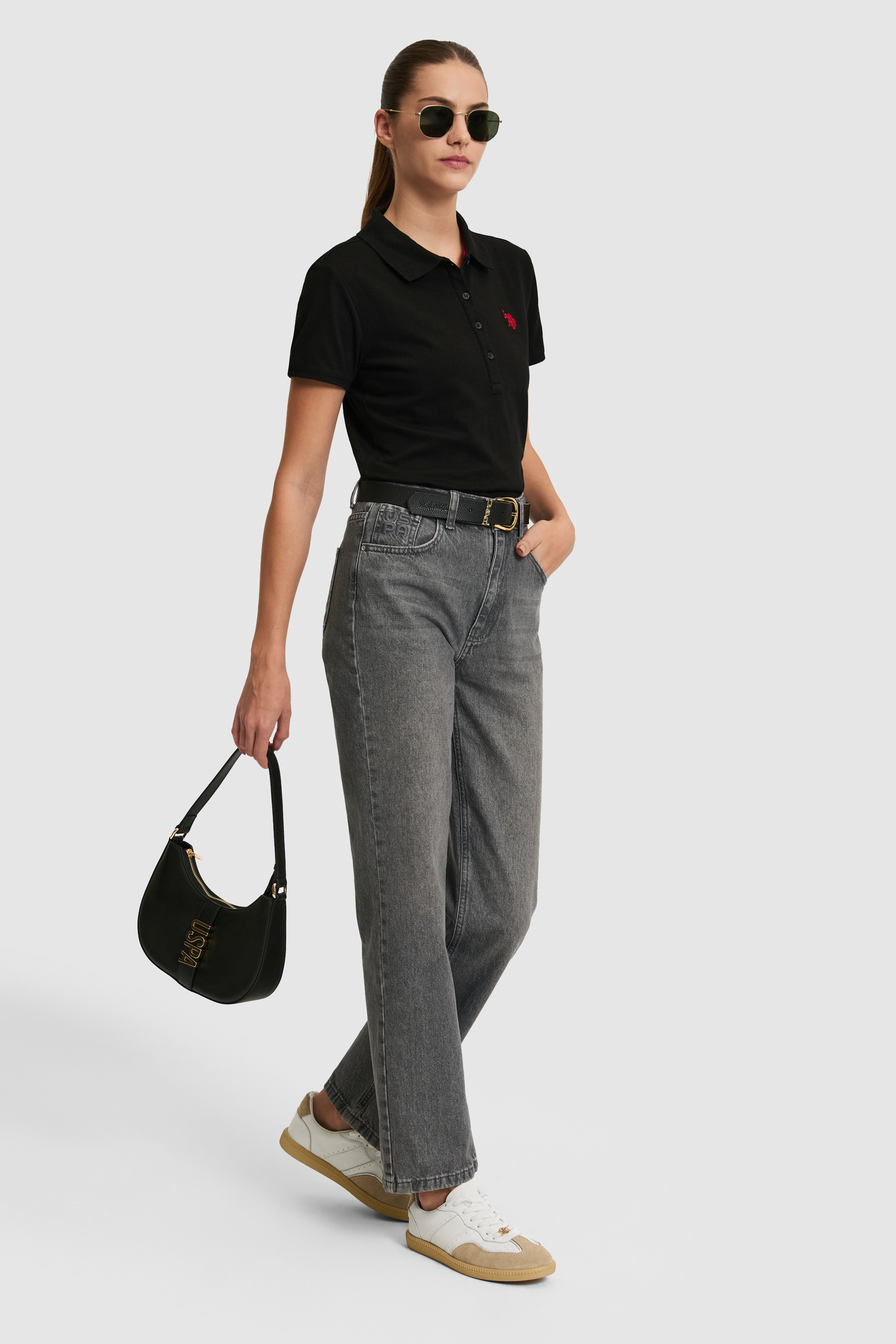Kadın Siyah Polo Yaka Basic Tişört - Image 5