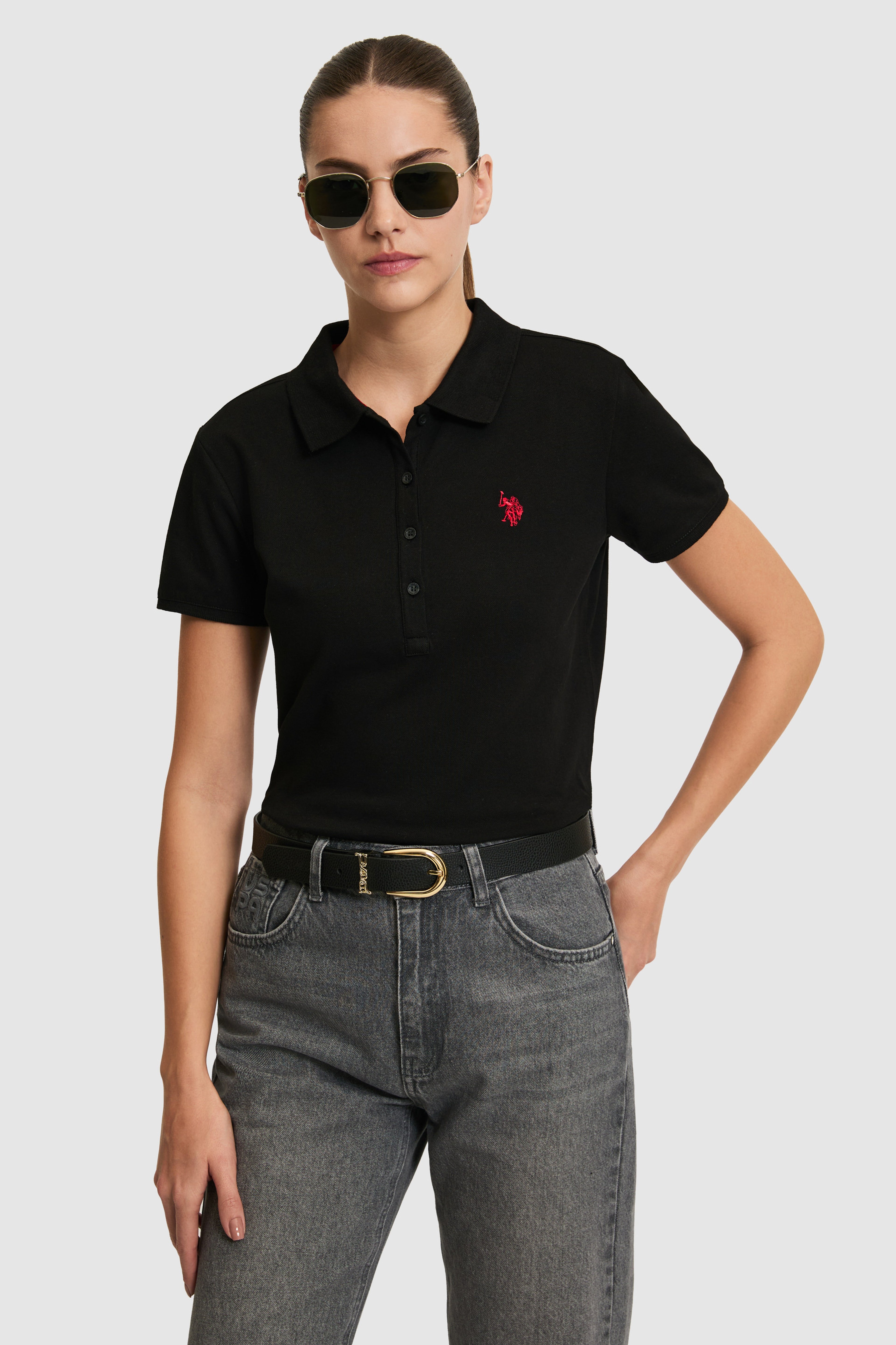 Kadın Siyah Polo Yaka Basic Tişört