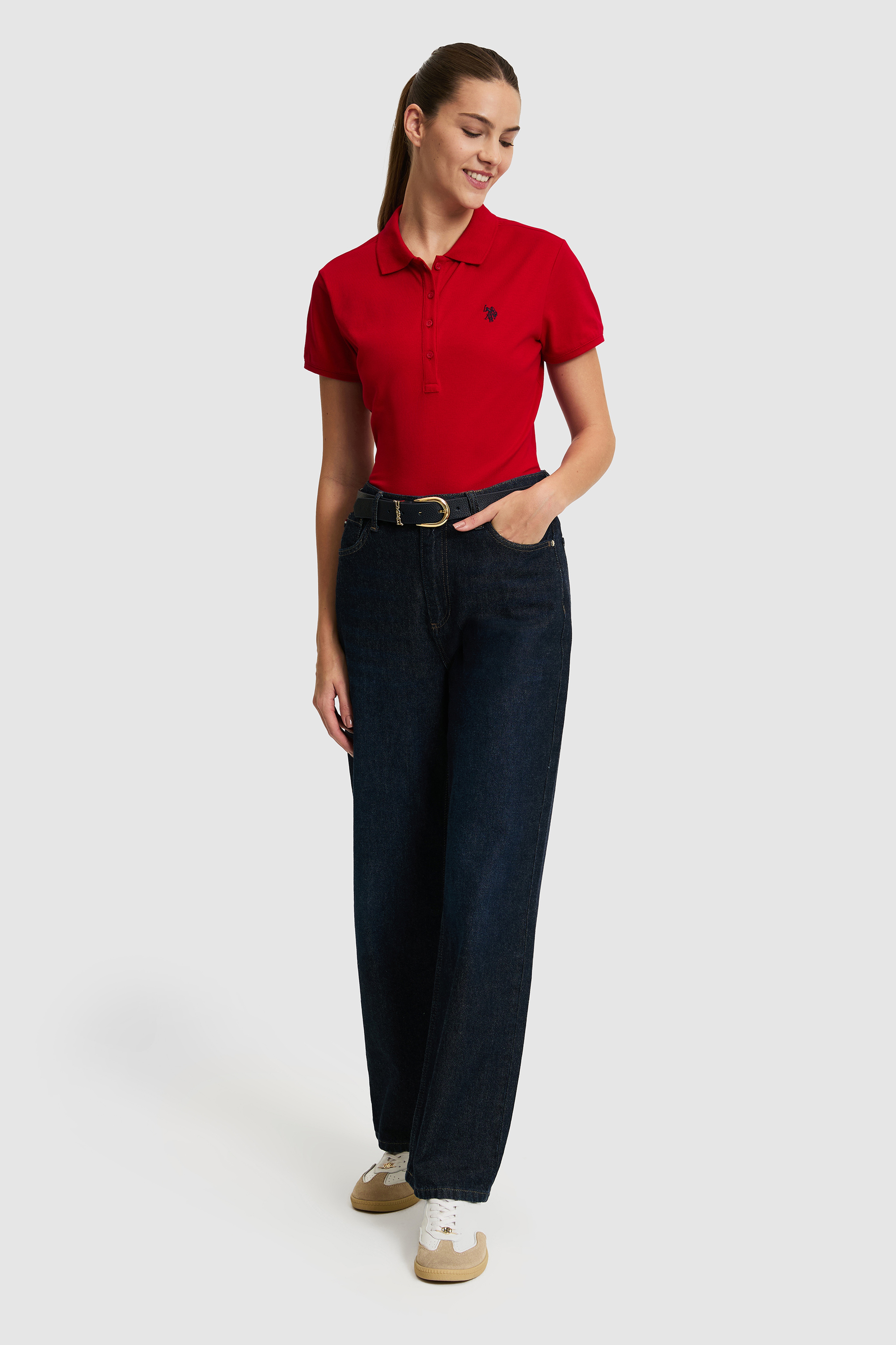 Kadın Kırmızı Polo Yaka Basic Tişört - Image 4
