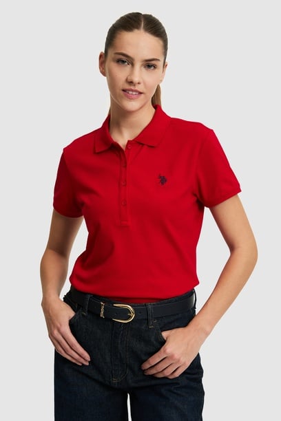 Kadın Kırmızı Polo Yaka Basic Tişört