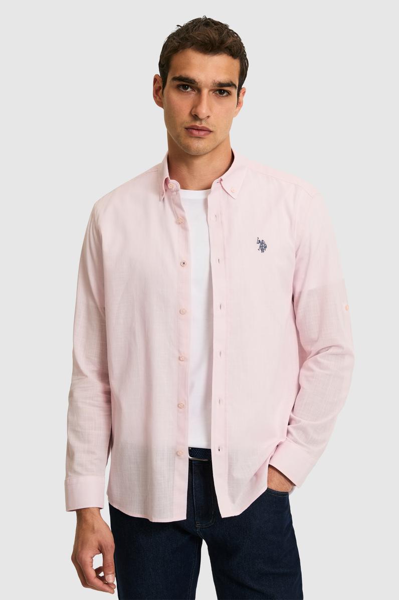 Erkek Açık Pembe Uzun Kollu Basic Gömlek