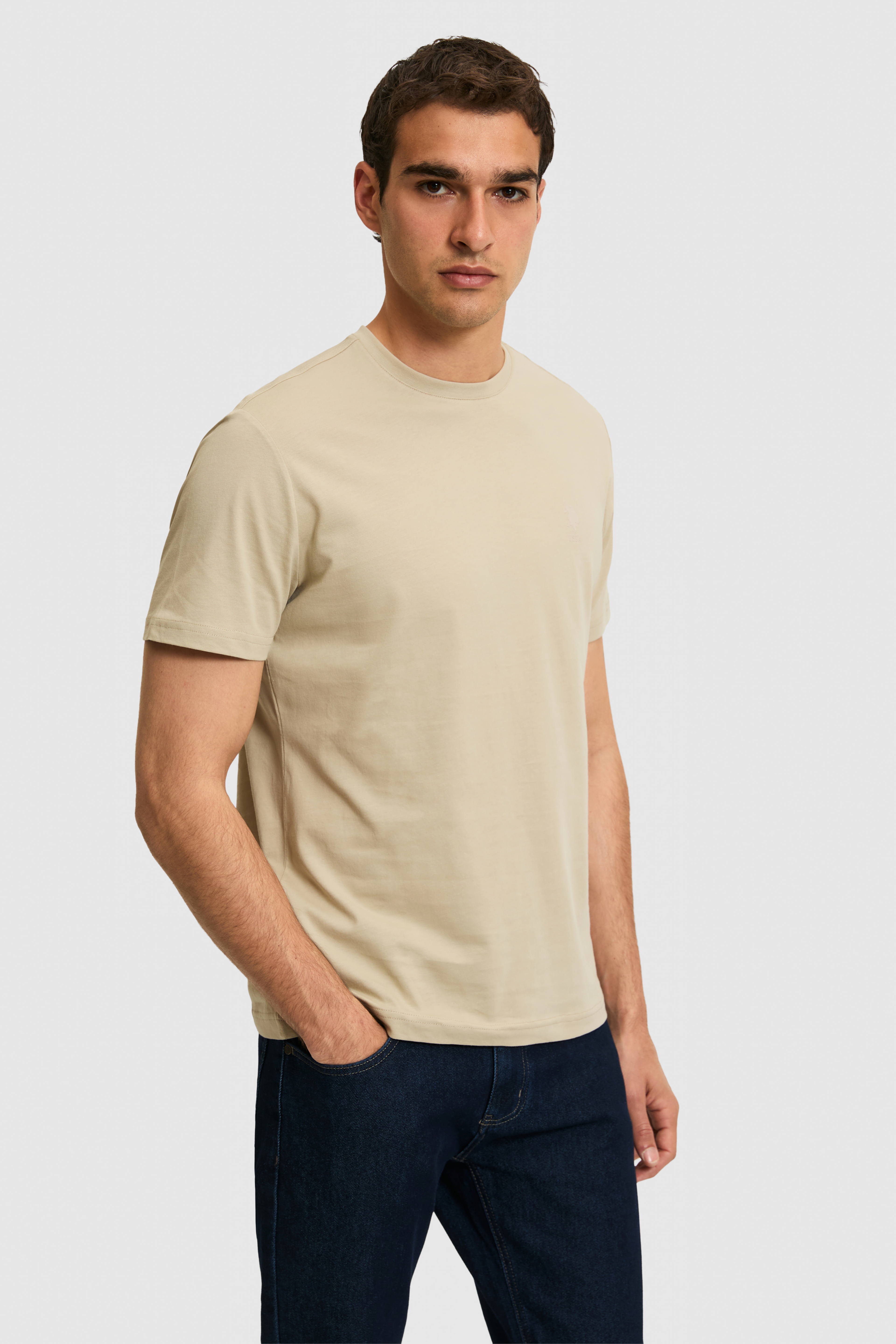 Erkek Regular Fit Bisiklet Yaka Açık Haki Basic Tişört