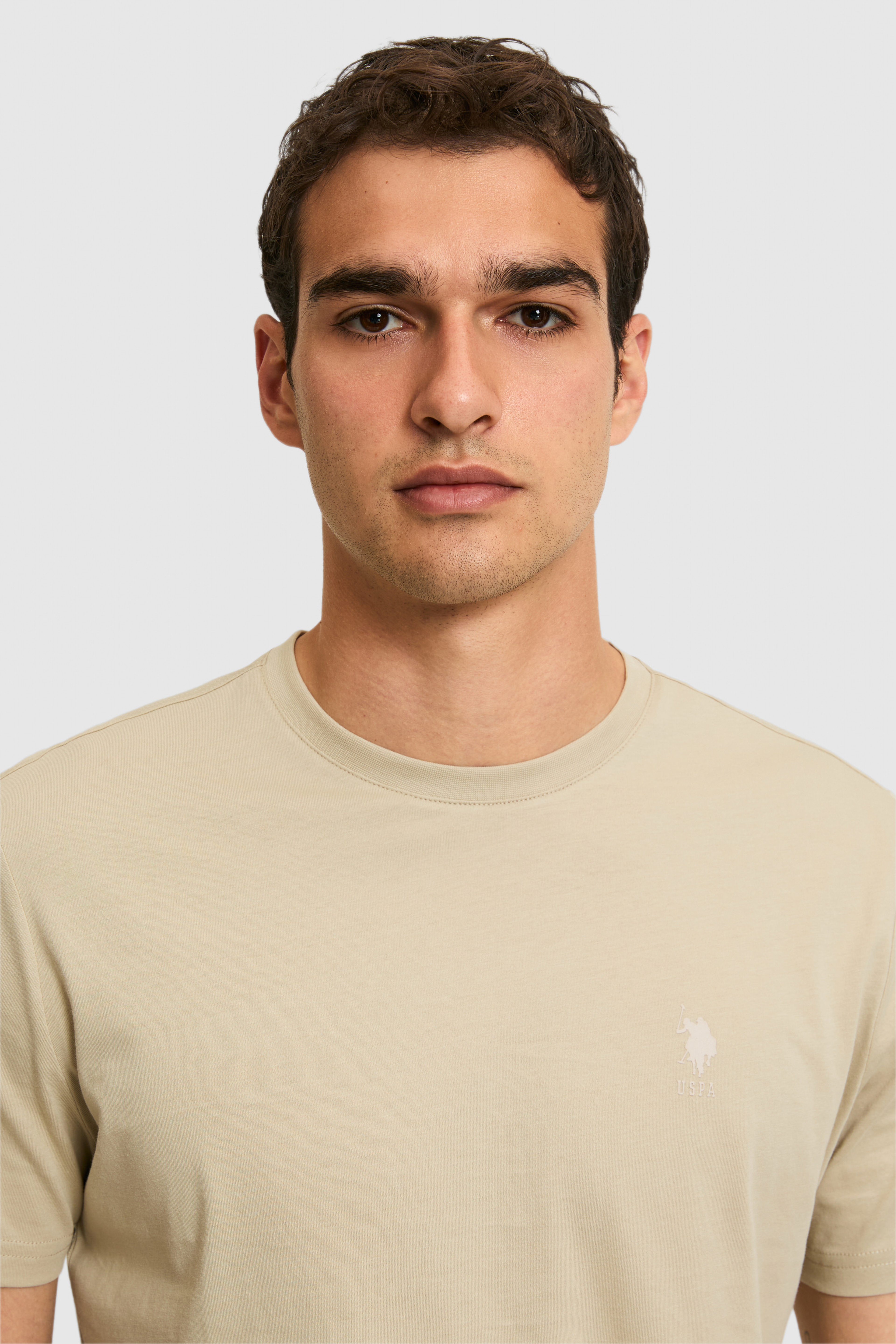 Erkek Regular Fit Bisiklet Yaka Açık Haki Basic Tişört