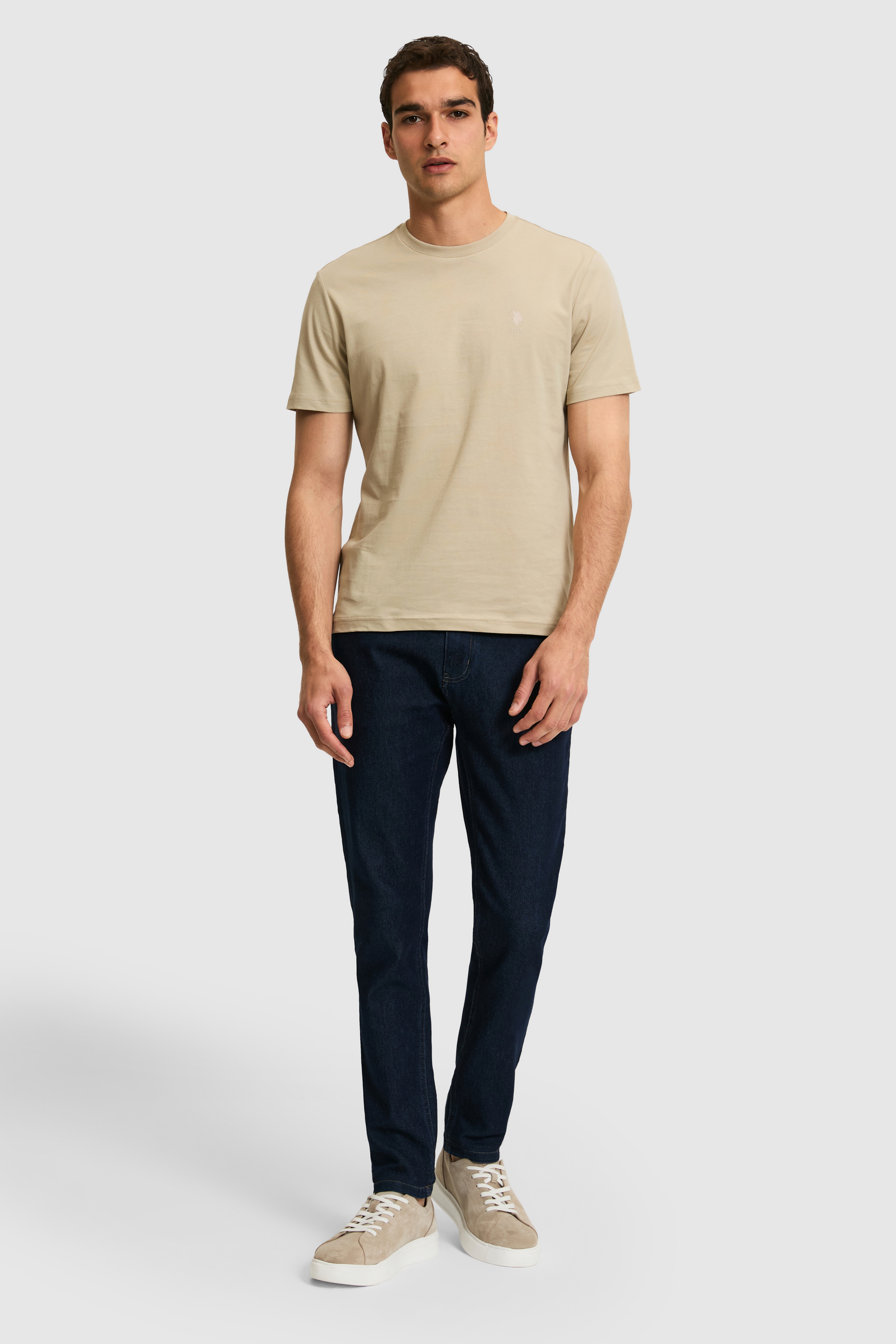 Erkek Regular Fit Bisiklet Yaka Açık Haki Basic Tişört