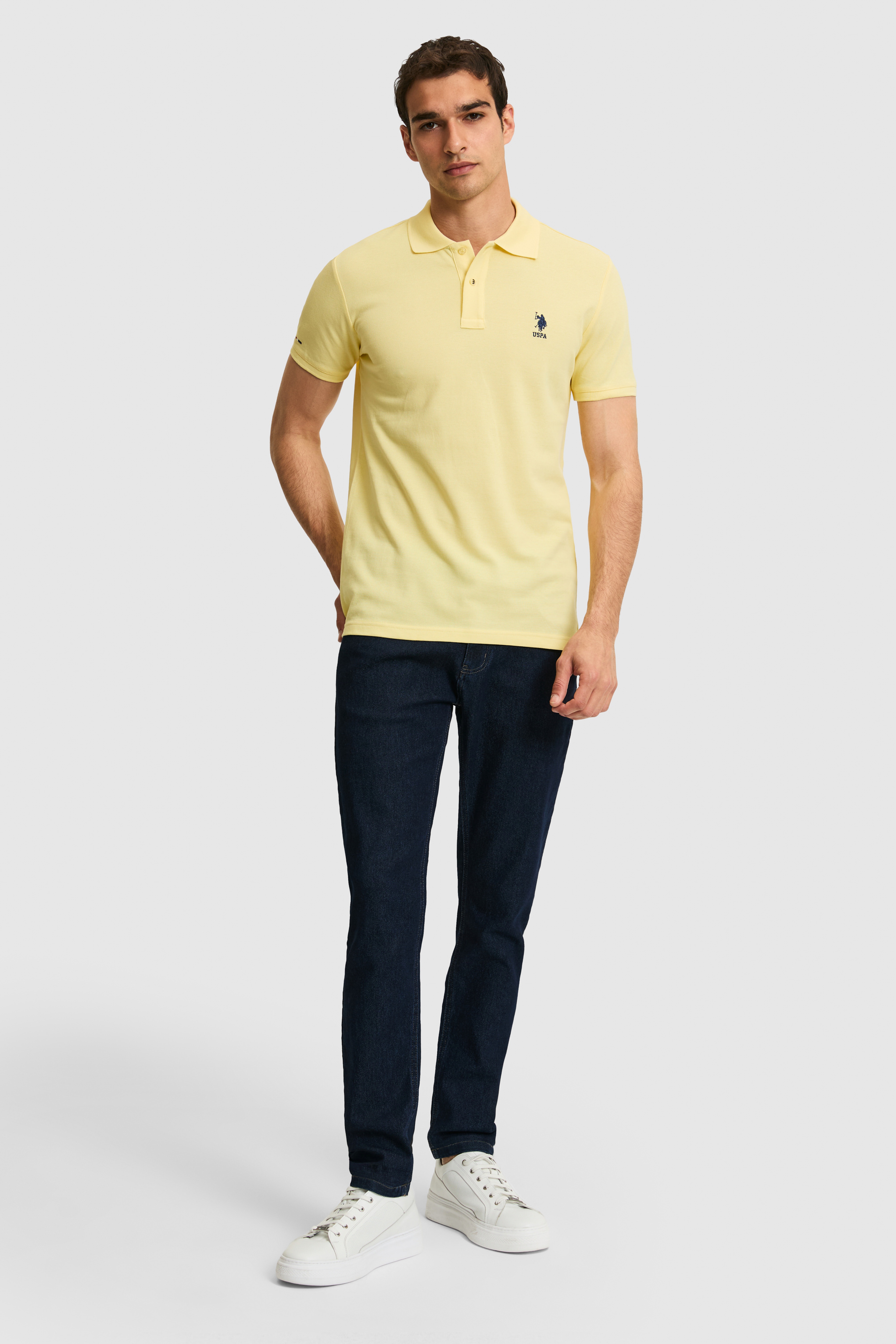 Erkek Slim Fit Polo Yaka Açık Sarı Basic Tişört