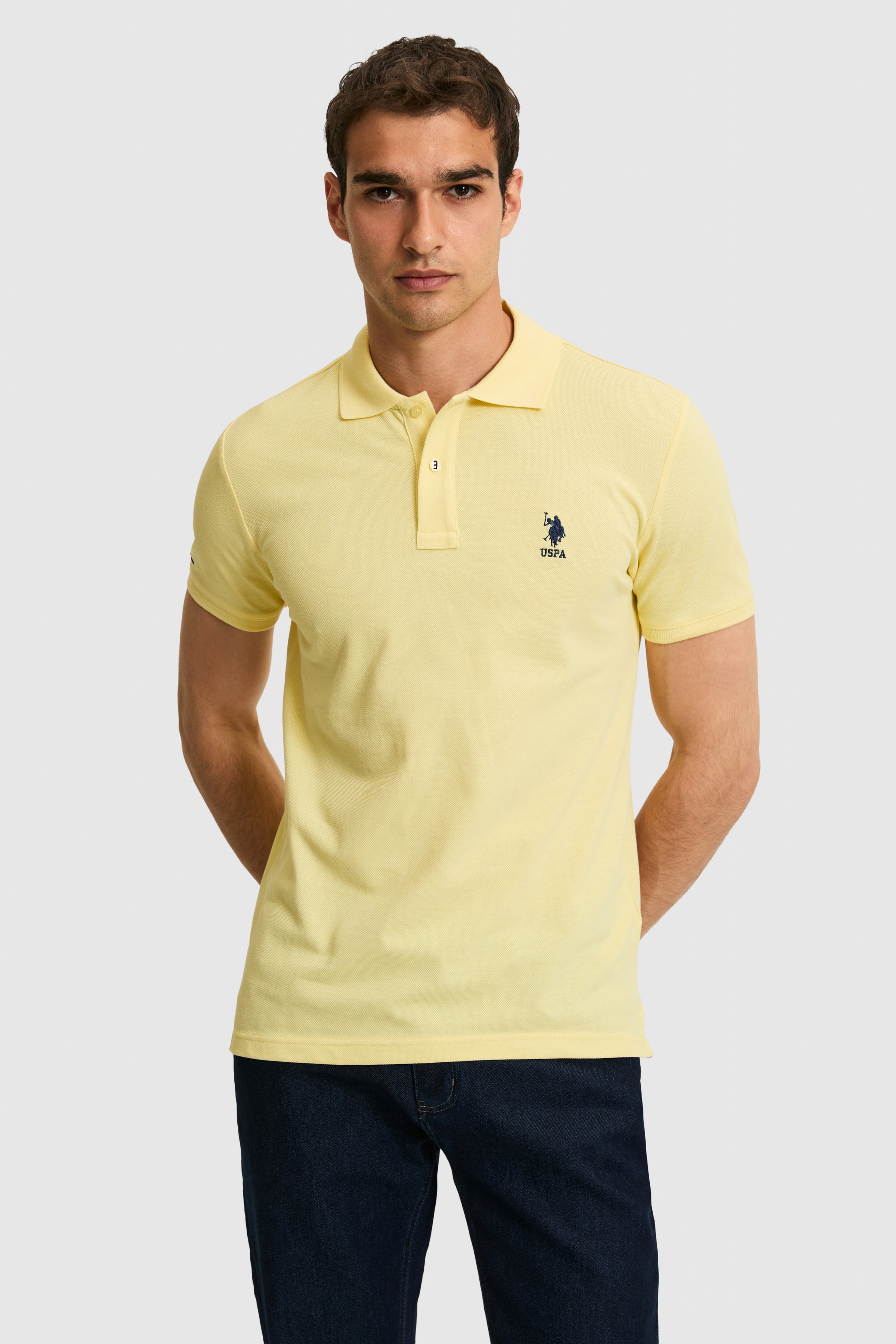 Erkek Slim Fit Polo Yaka Açık Sarı Basic Tişört