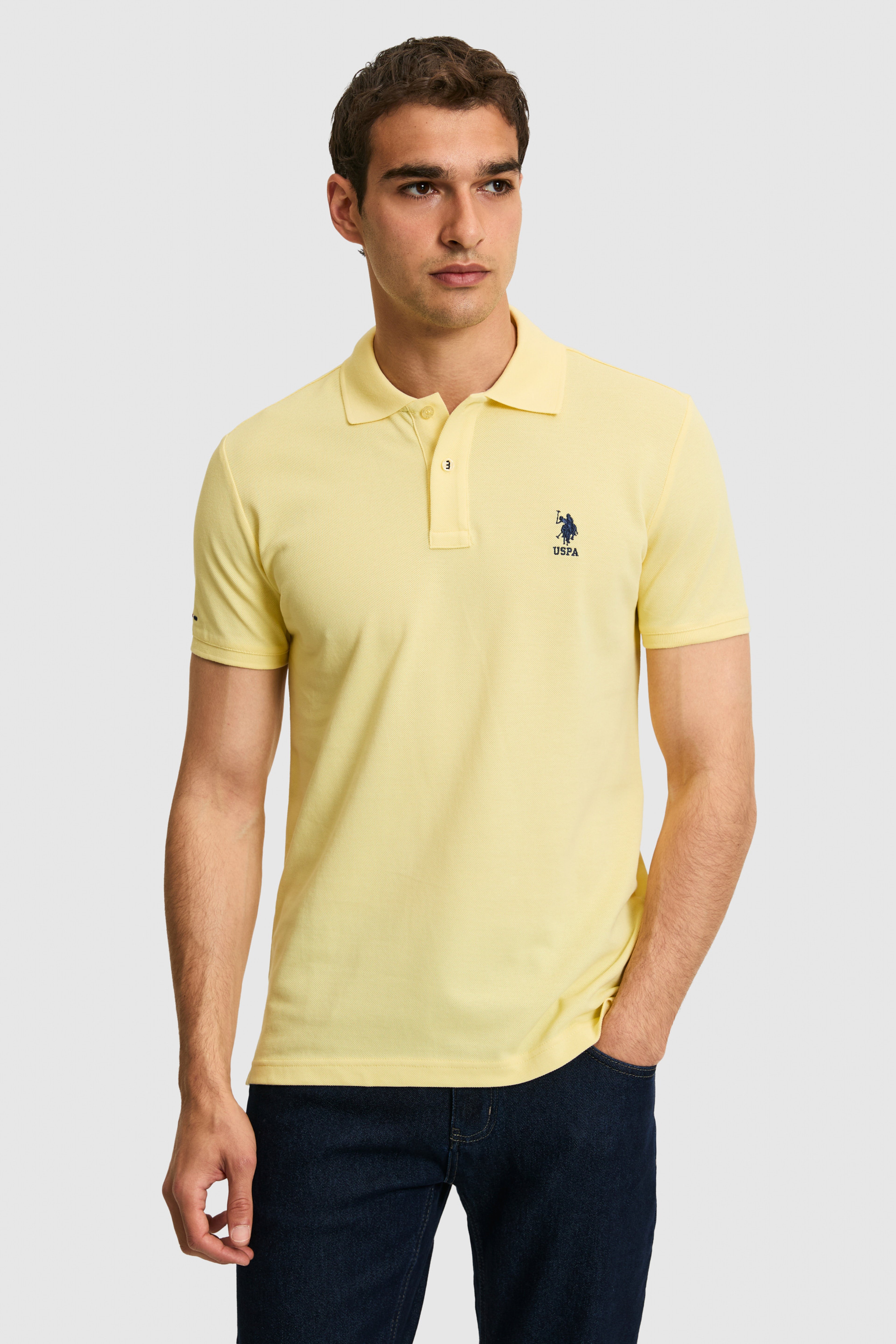Erkek Slim Fit Polo Yaka Açık Sarı Basic Tişört - Image 1