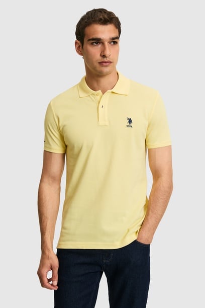 Erkek Slim Fit Polo Yaka Açık Sarı Basic Tişört