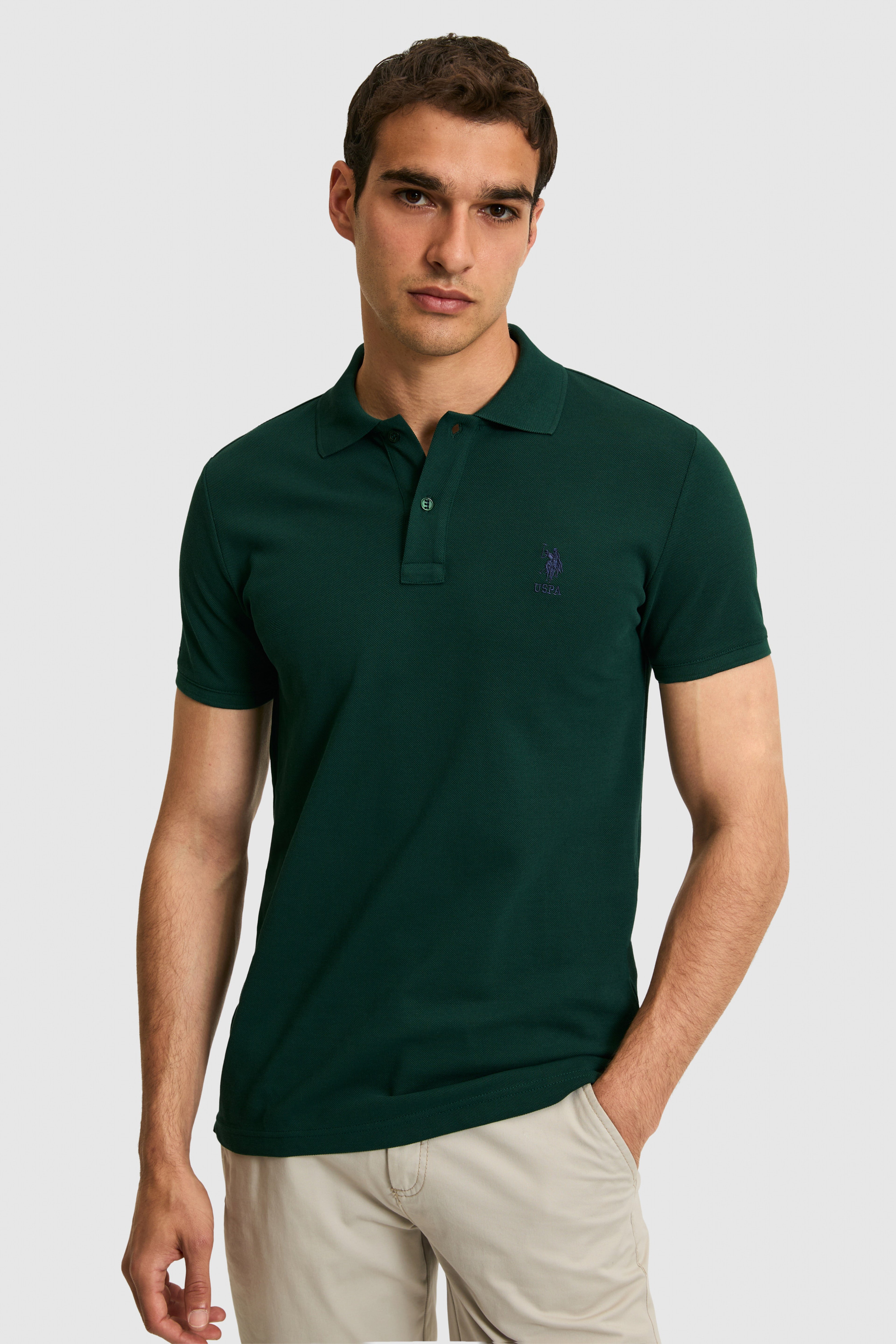 Erkek Slim Fit Polo Yaka Koyu Yeşil Basic Tişört - Image 3
