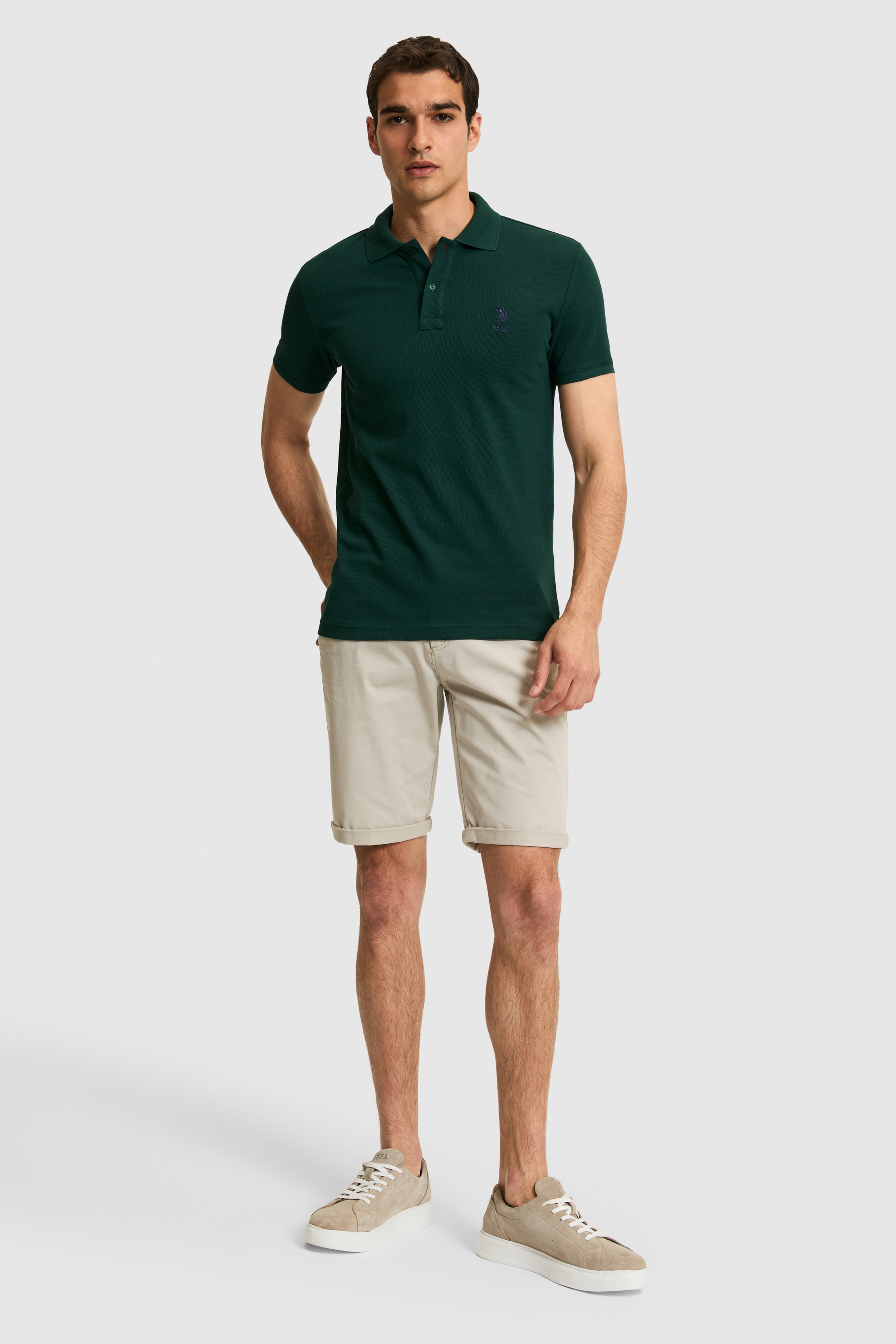 Erkek Slim Fit Polo Yaka Koyu Yeşil Basic Tişört