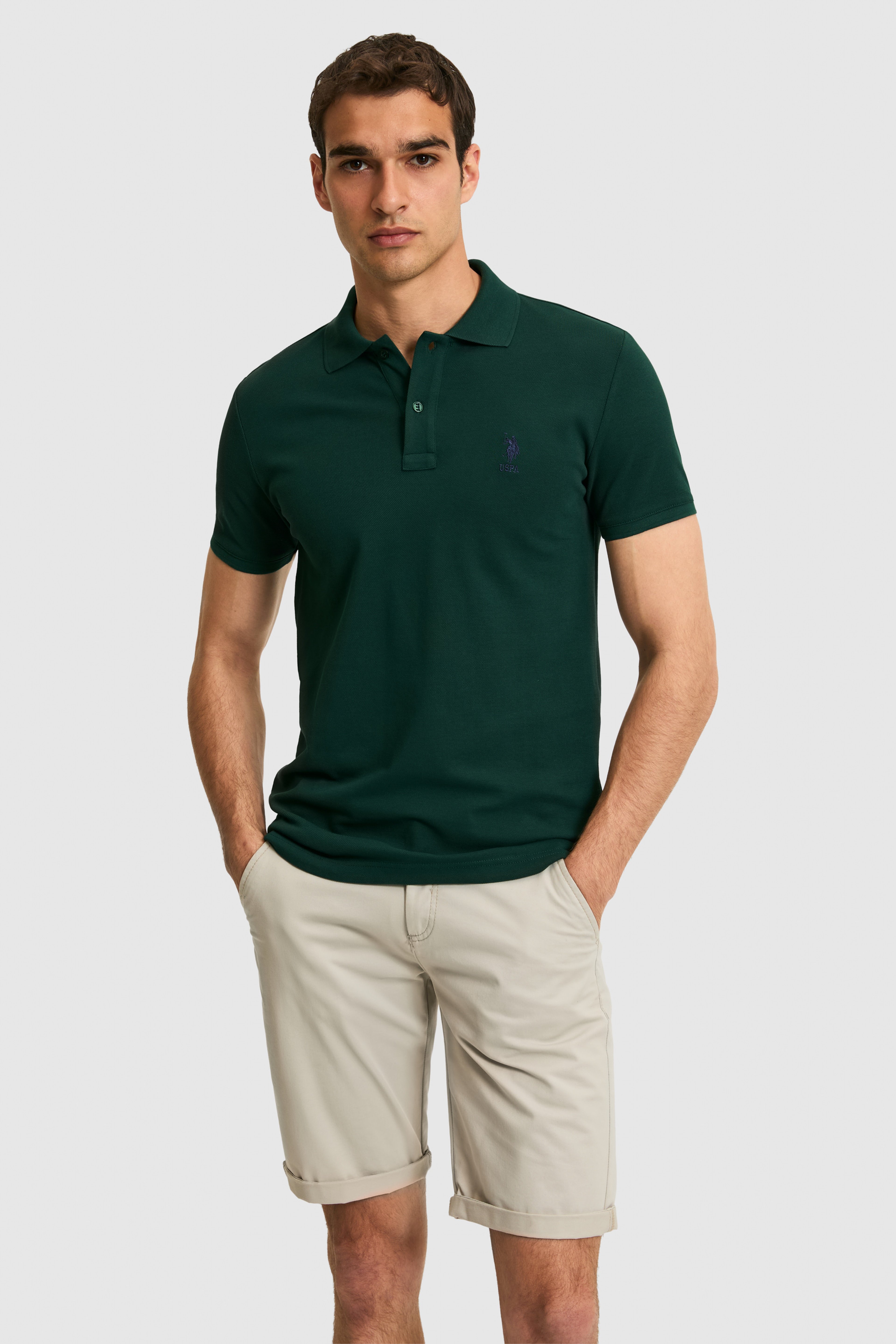 Erkek Slim Fit Polo Yaka Koyu Yeşil Basic Tişört