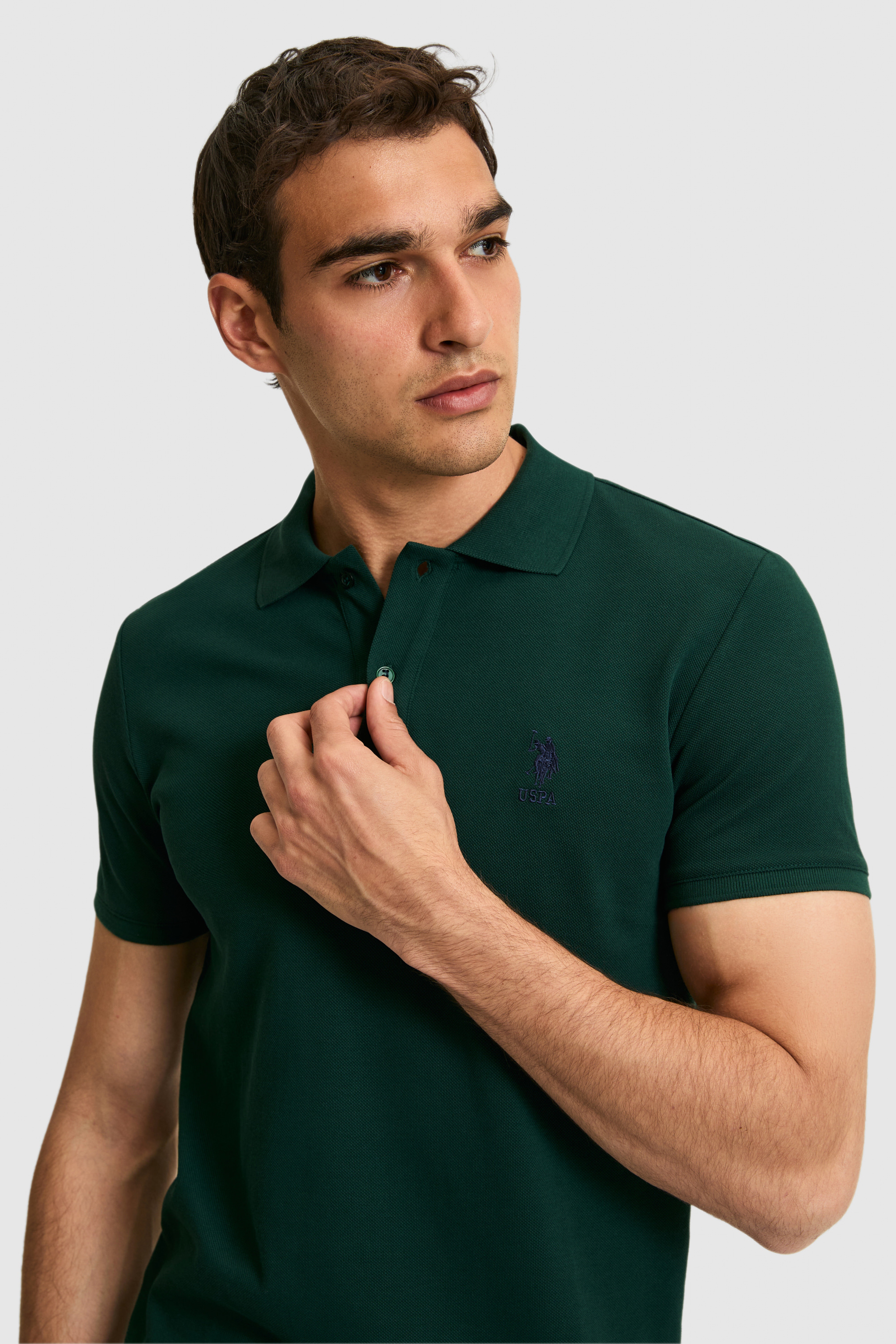 Erkek Slim Fit Polo Yaka Koyu Yeşil Basic Tişört