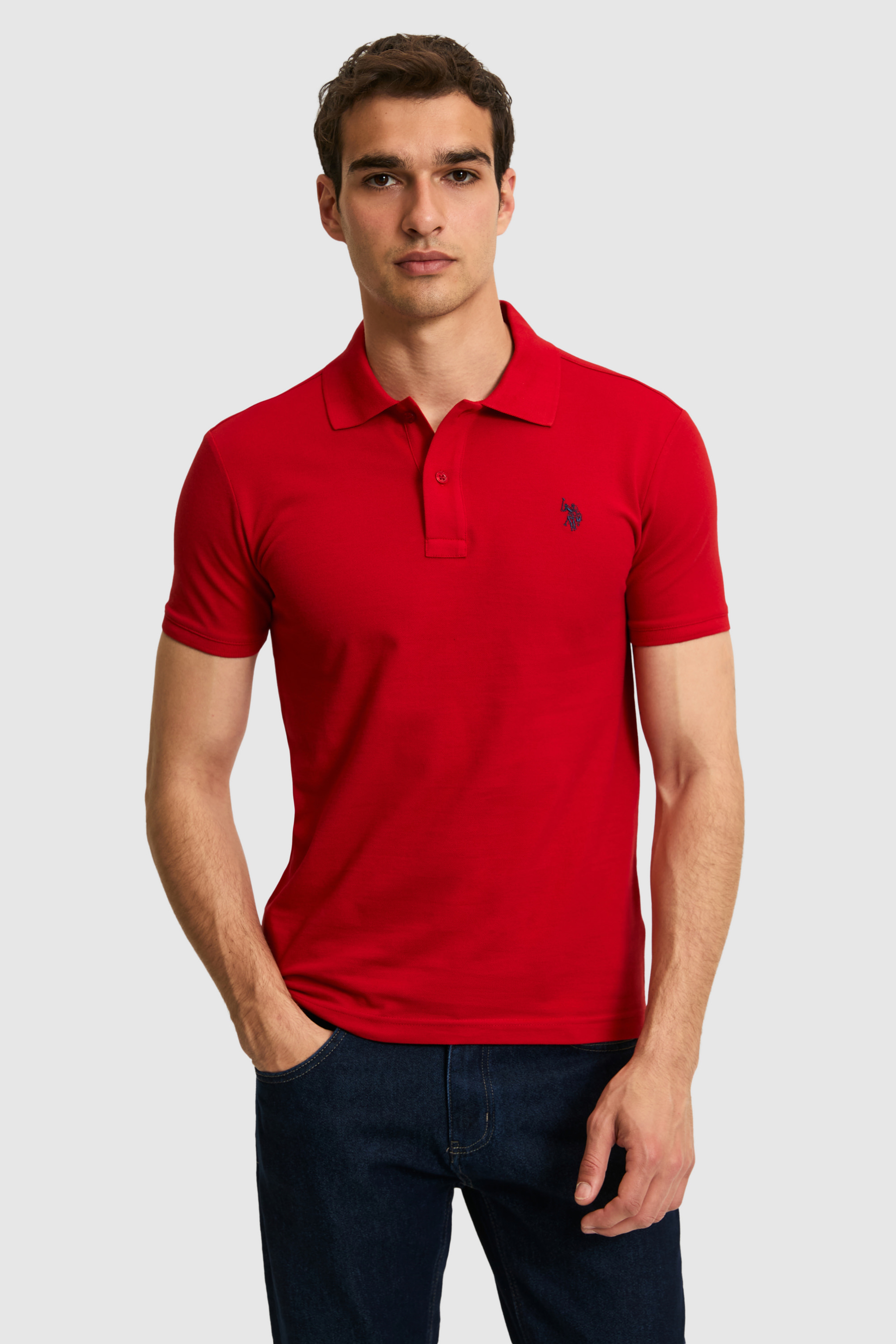 Erkek Slim Fit Fit Polo Yaka Kırmızı Basic Tişört