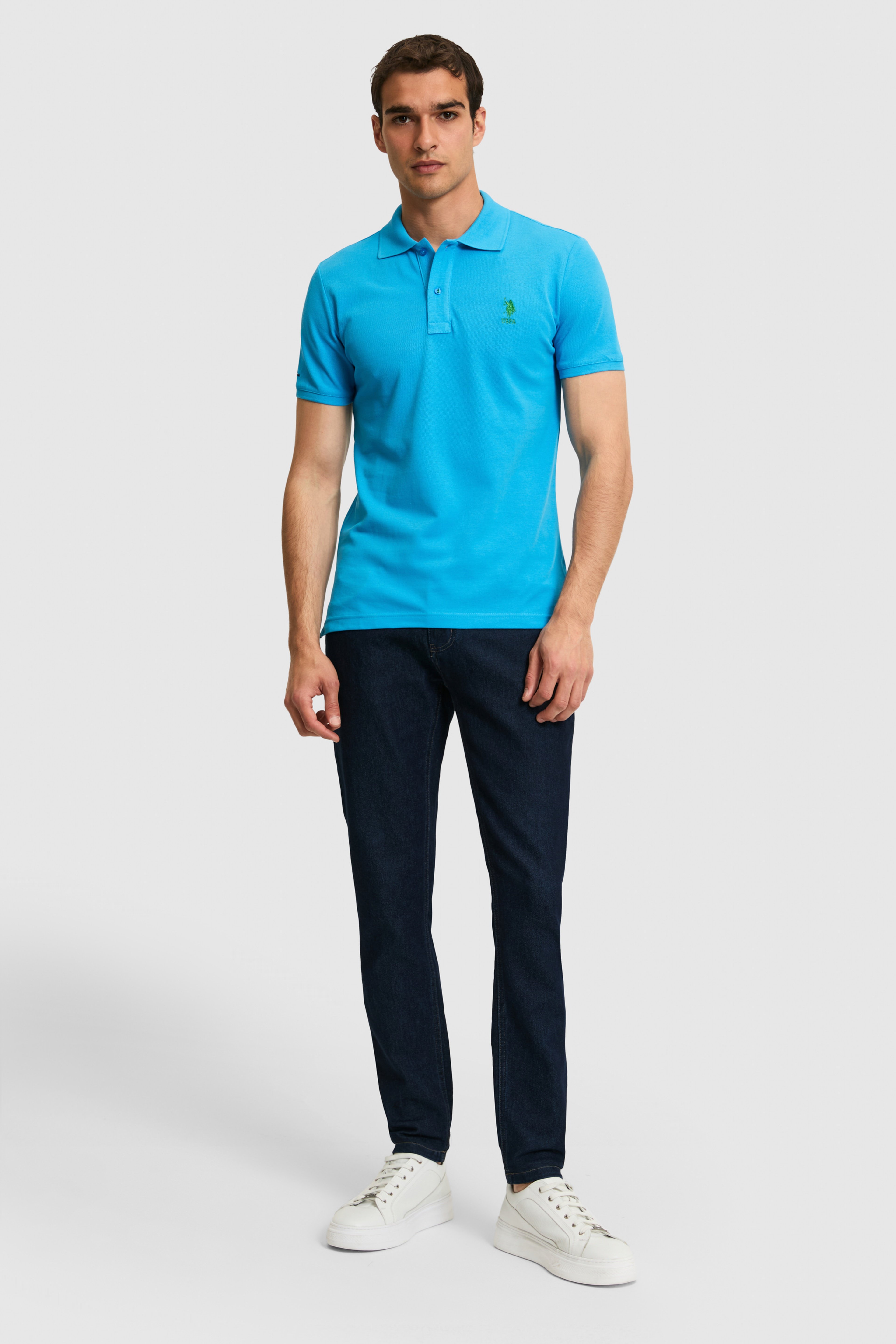 Erkek Slim Fit Polo Yaka Kobalt Mavi Basic Tişört - Image 4