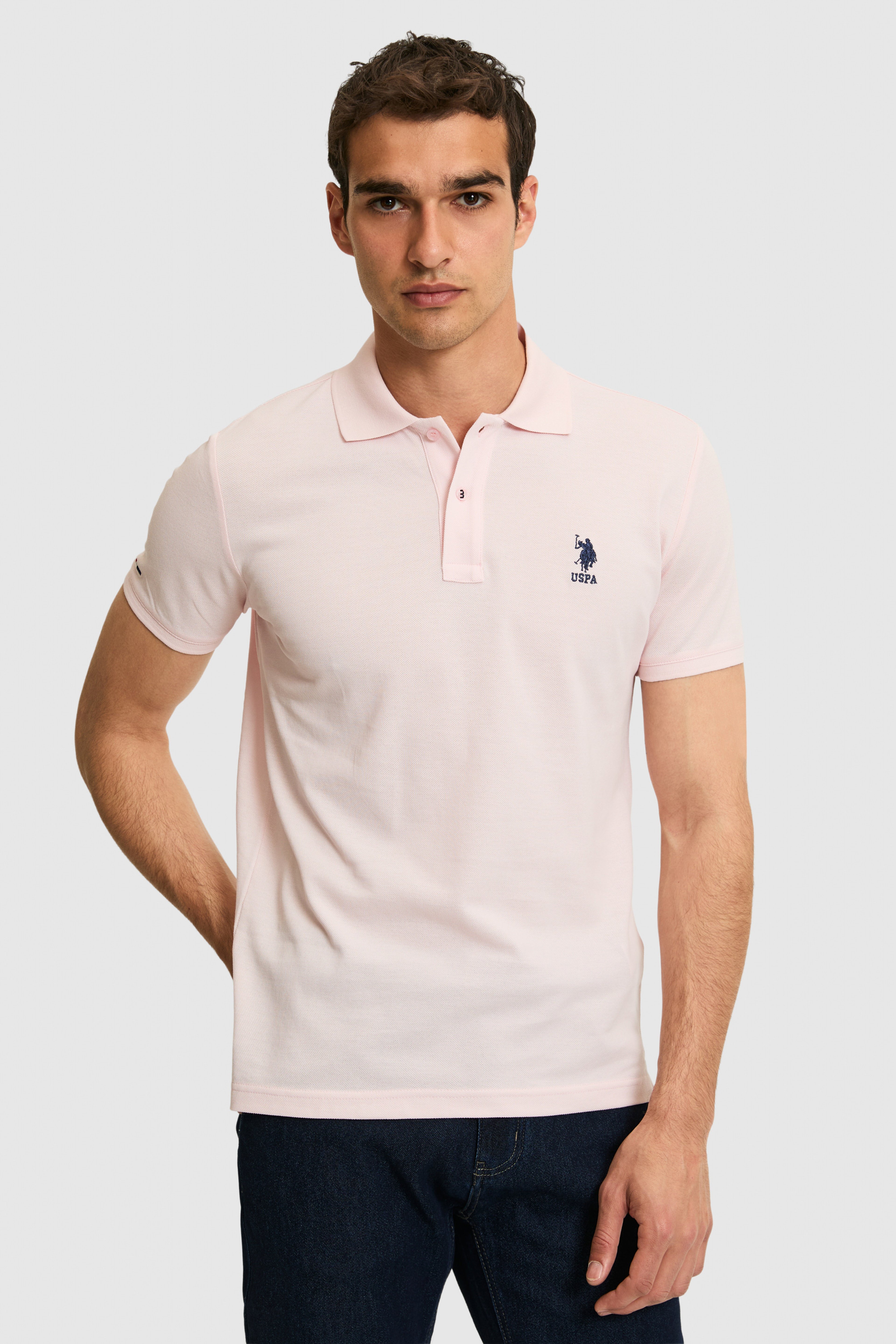 Erkek Slim Fit Polo Yaka Açık Pembe Basic Tişört - Image 1