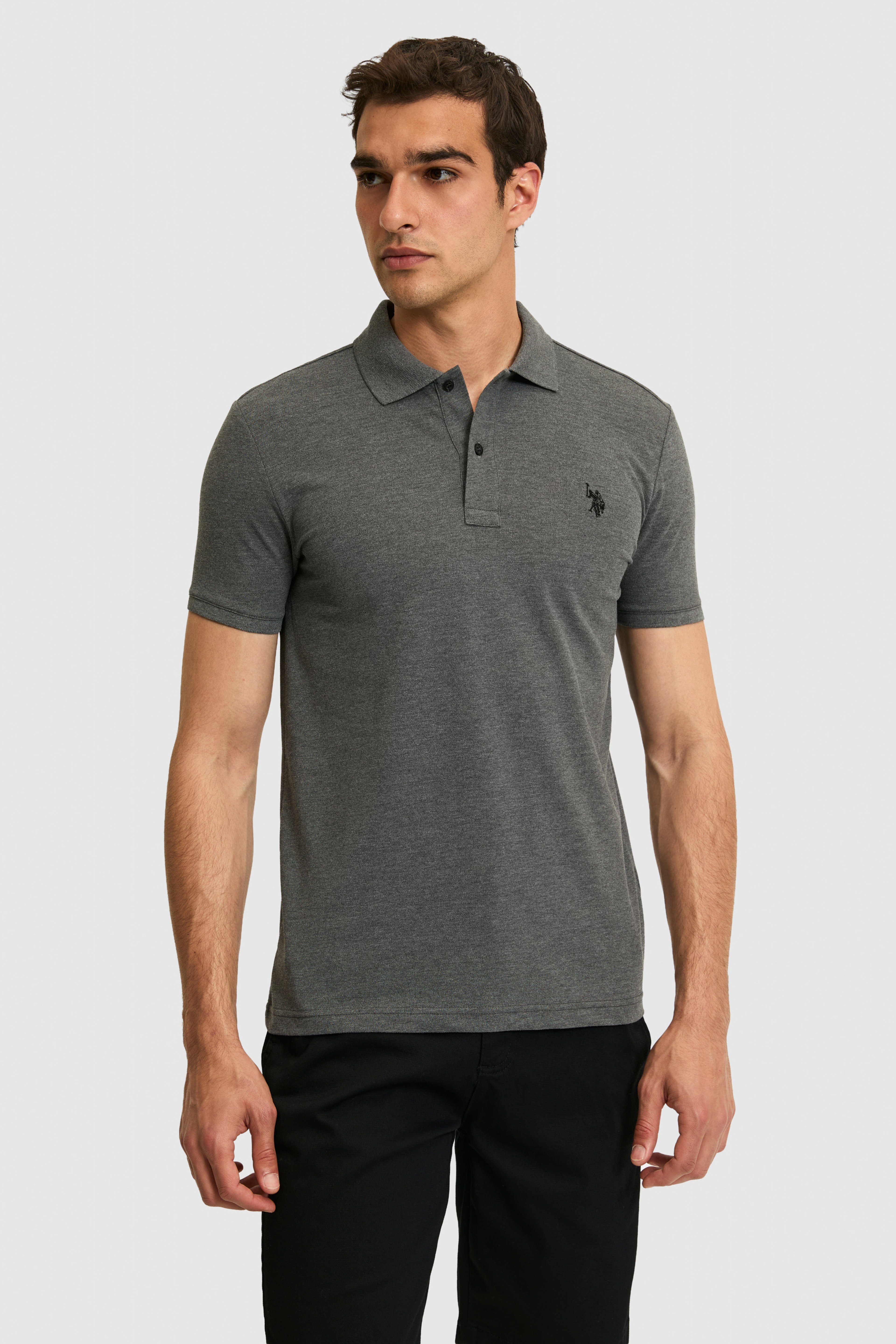 Erkek Slim Fit Polo Yaka Antrasit Melanj Basic Tişört - Image 1