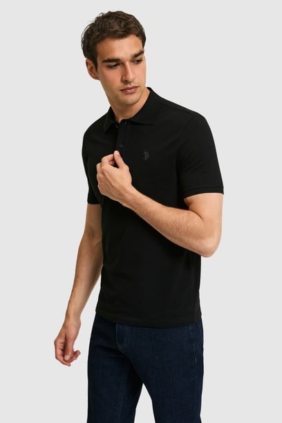 Erkek Slim Fit Polo Yaka Siyah Basic Tişört