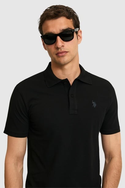 Erkek Slim Fit Polo Yaka Siyah Basic Tişört