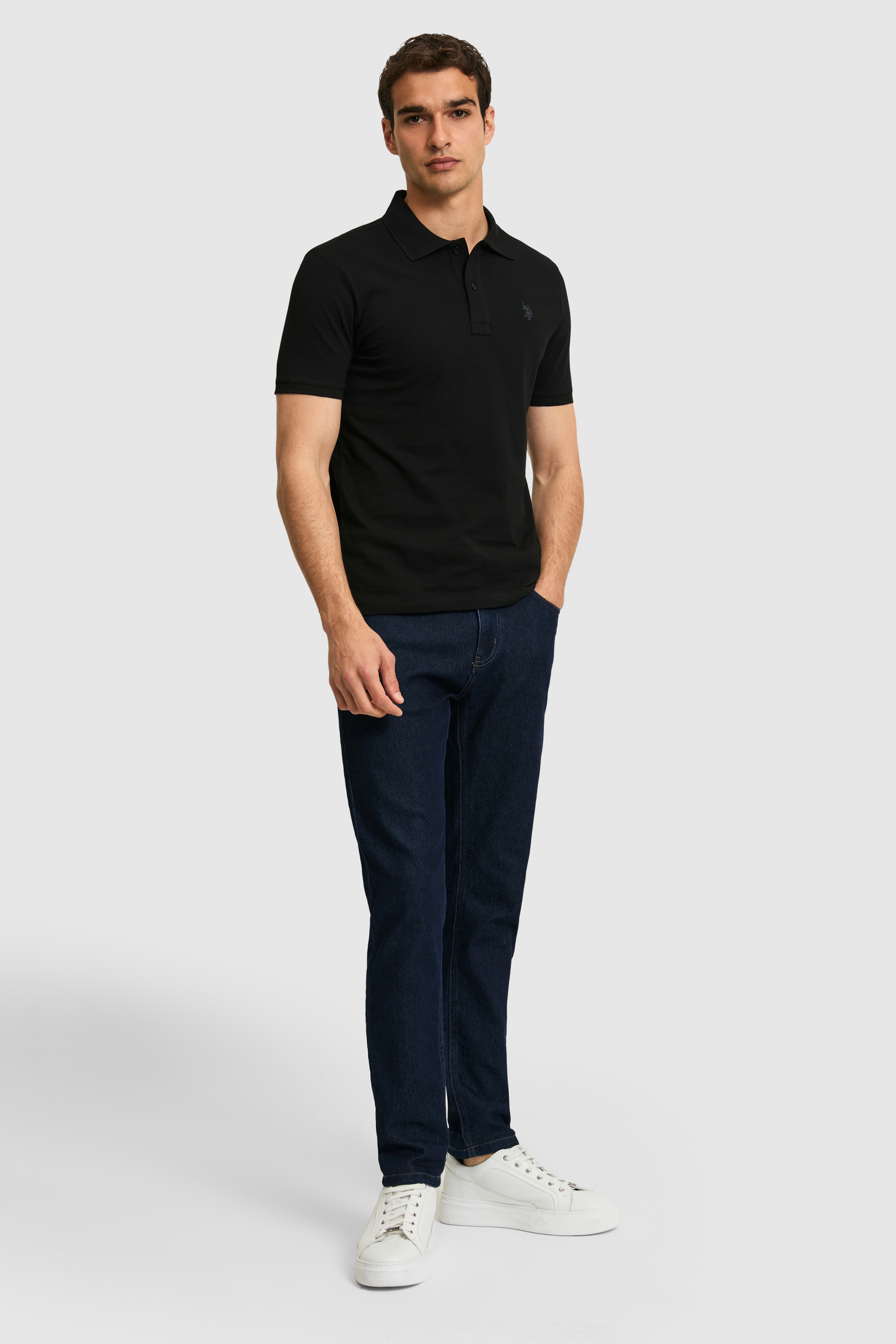 Erkek Slim Fit Polo Yaka Siyah Basic Tişört