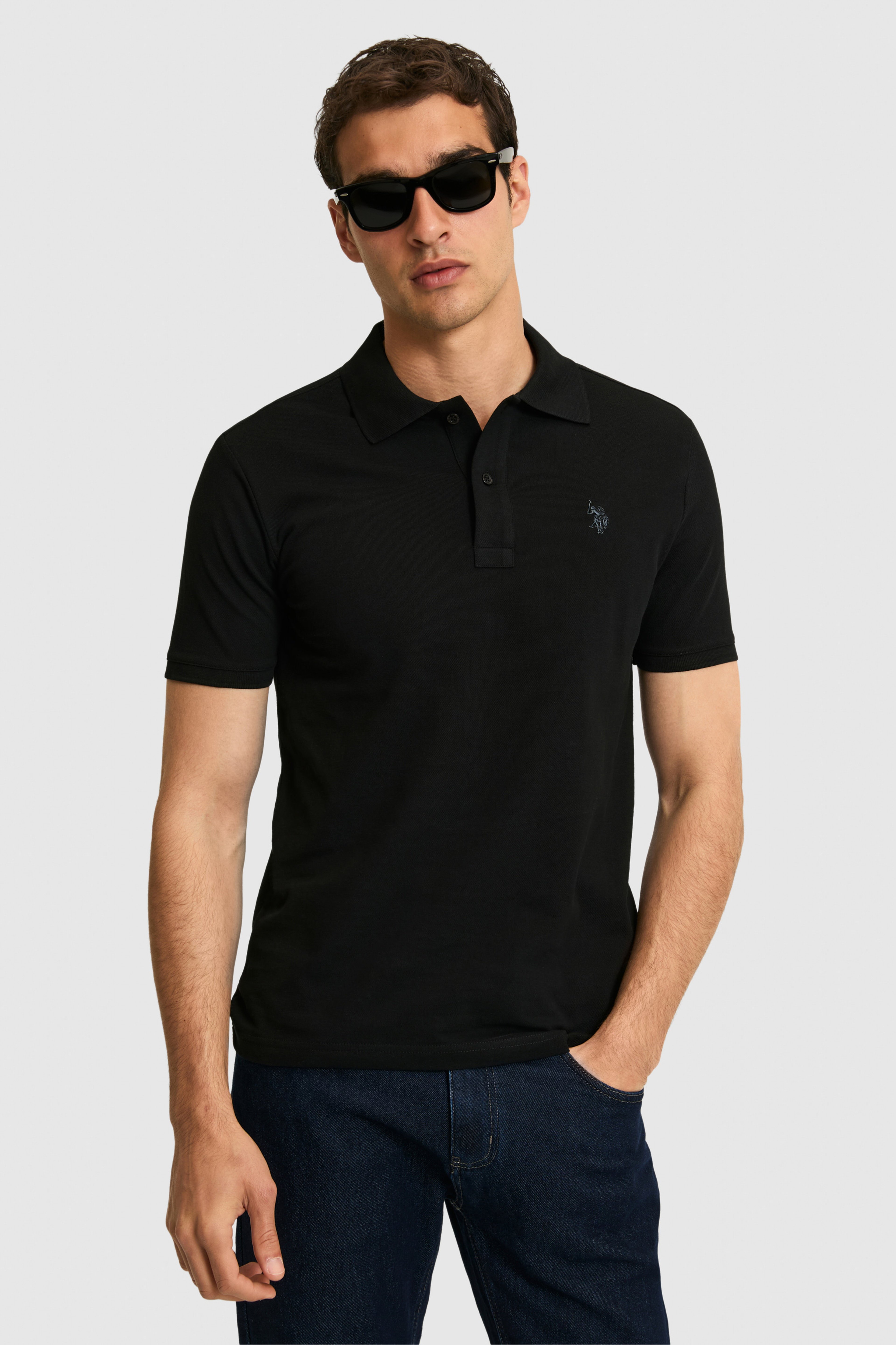 Erkek Slim Fit Polo Yaka Siyah Basic Tişört - Image 1