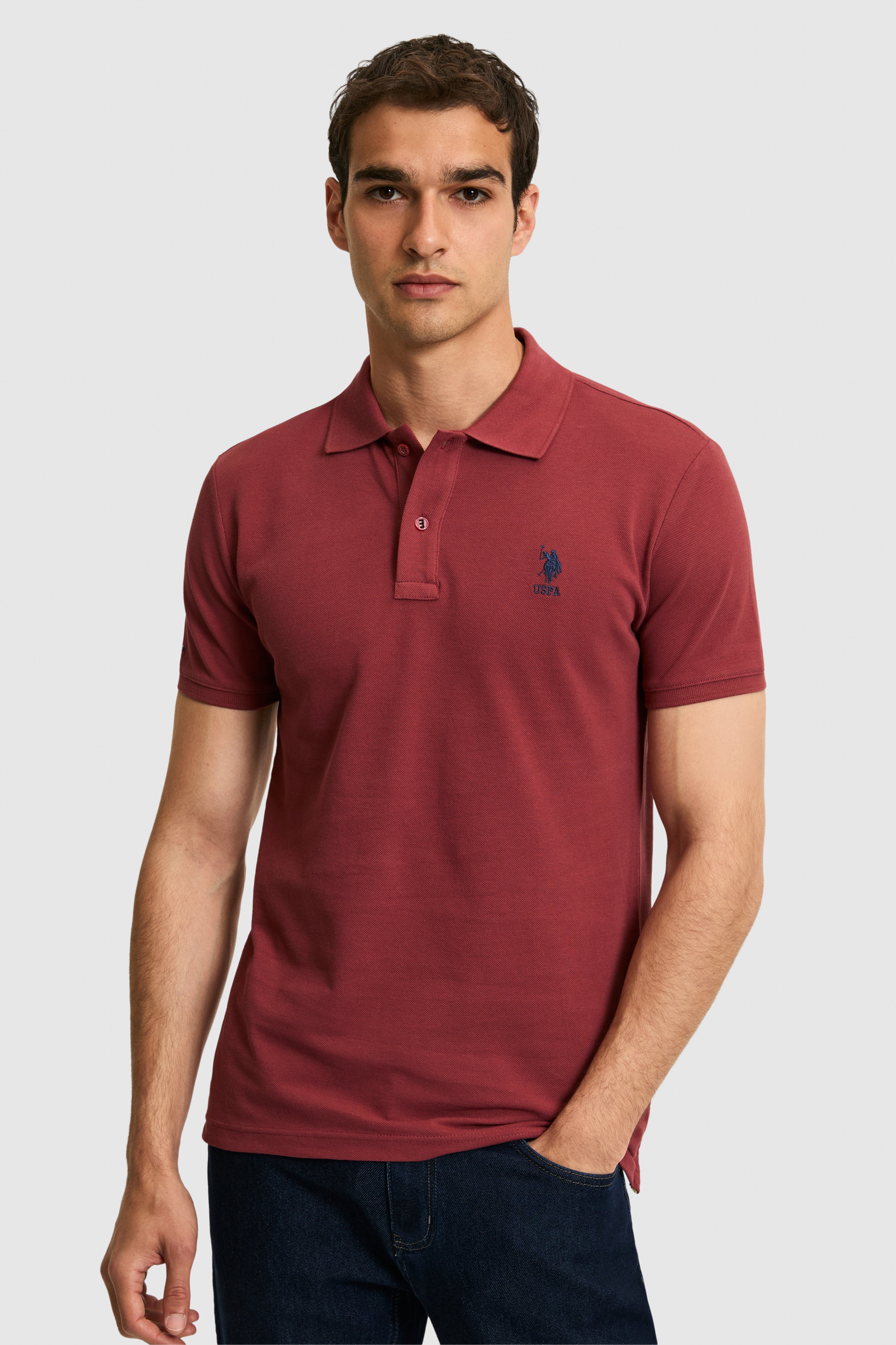 Erkek Slim Fit Polo Yaka Vişne Basic Tişört - Image 1