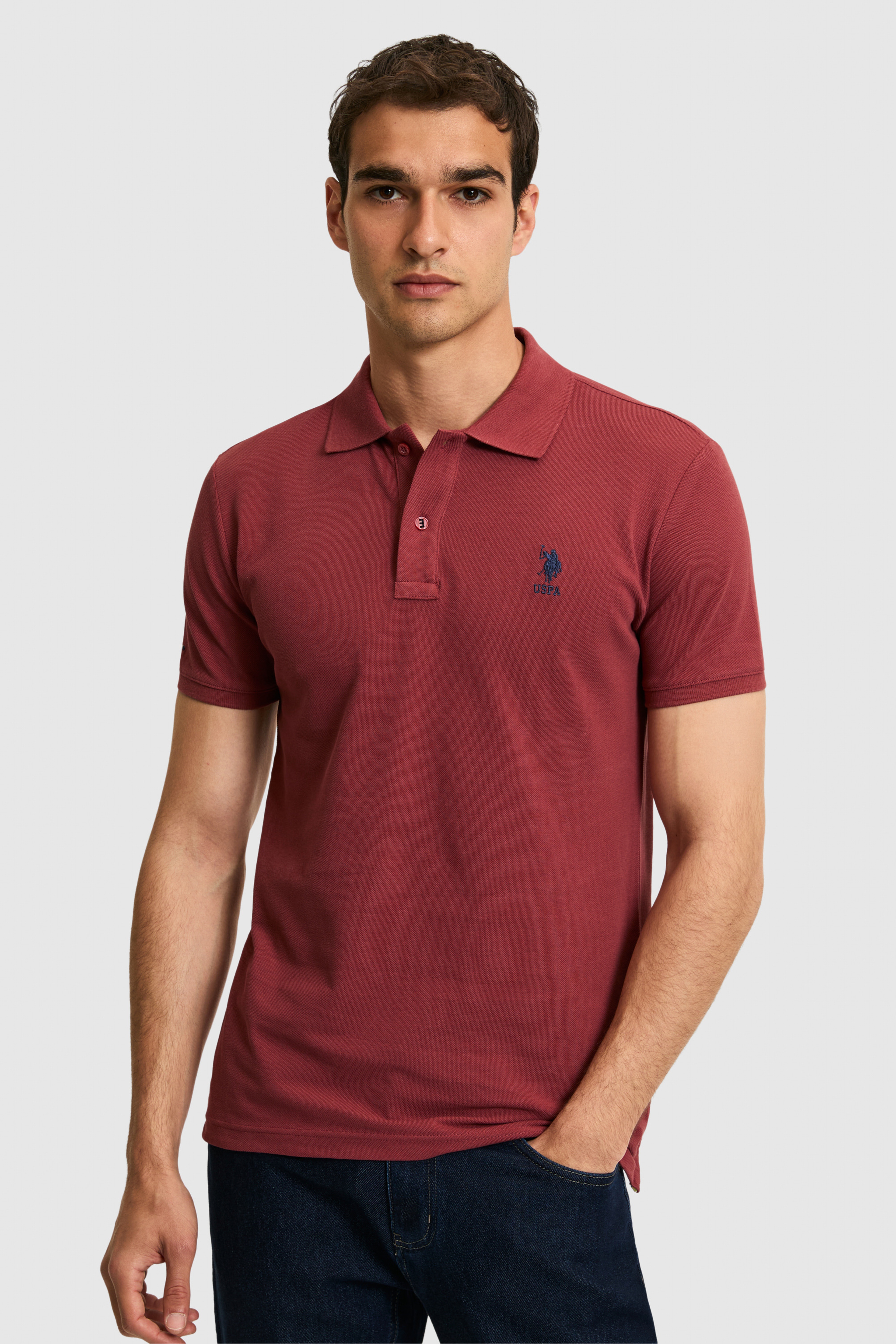 Erkek Slim Fit Polo Yaka Vişne Basic Tişört
