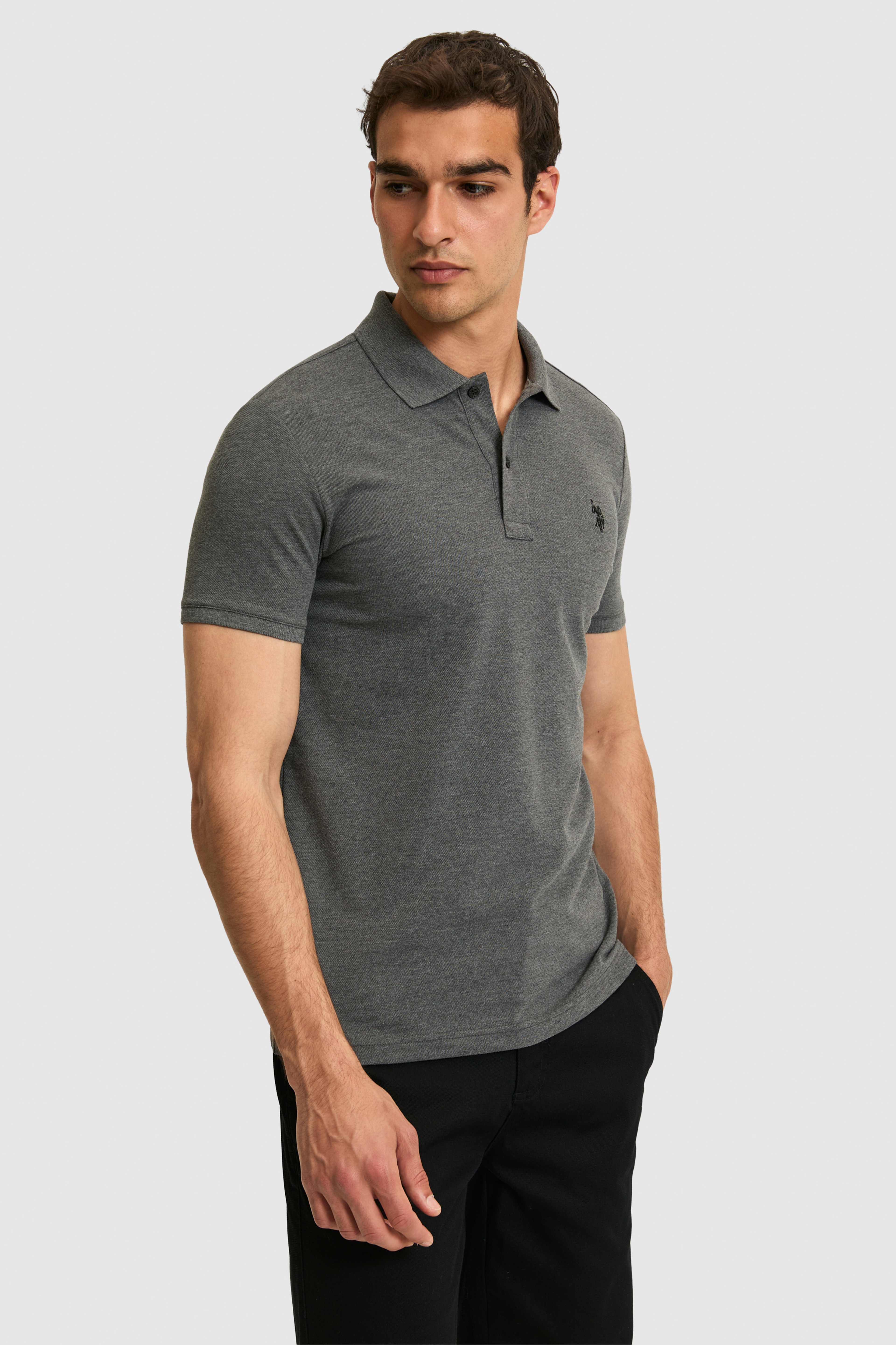 Erkek Slim Fit Polo Yaka Antrasit Melanj Basic Tişört - Image 3