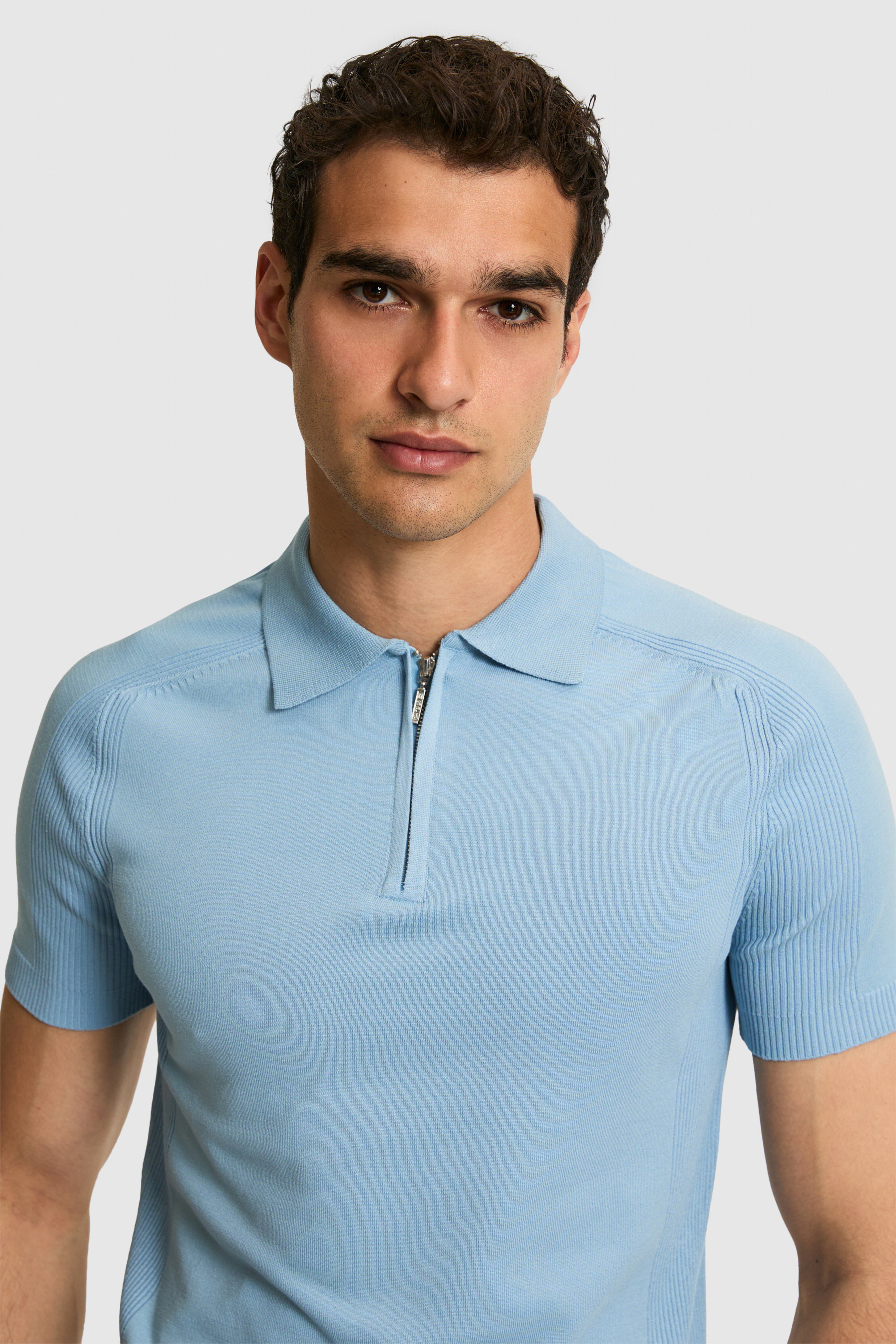 Erkek Slim Fit Polo Yaka Yarım Fermuarlı Mavi Kazak