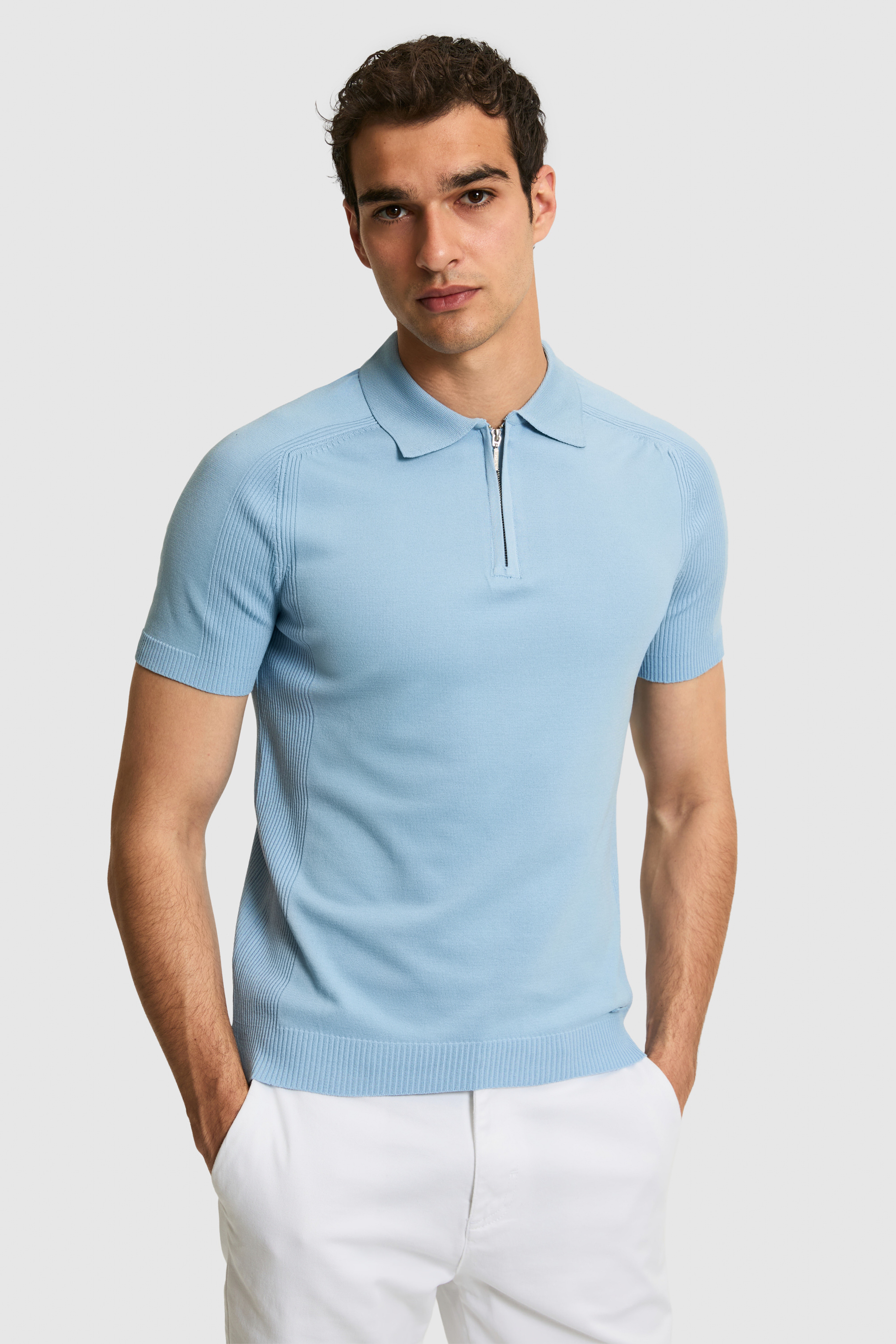 Erkek Slim Fit Polo Yaka Yarım Fermuarlı Mavi Kazak