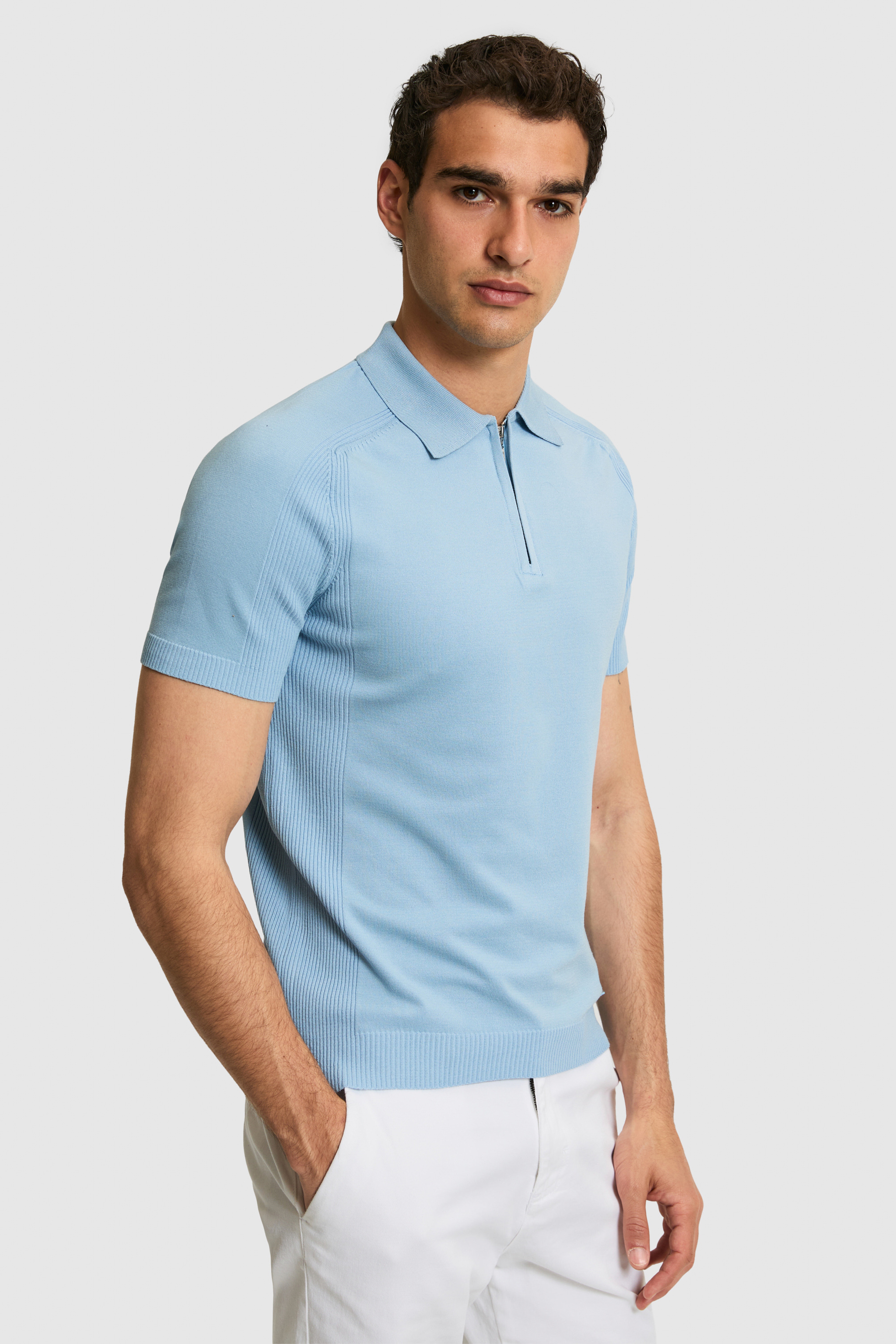 Erkek Slim Fit Polo Yaka Yarım Fermuarlı Mavi Kazak - Image 3