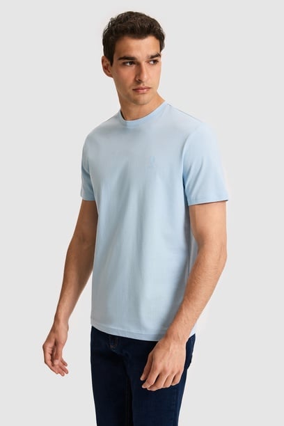 Erkek Regular Fit Bisiklet Yaka Açık Mavi Basic Tişört