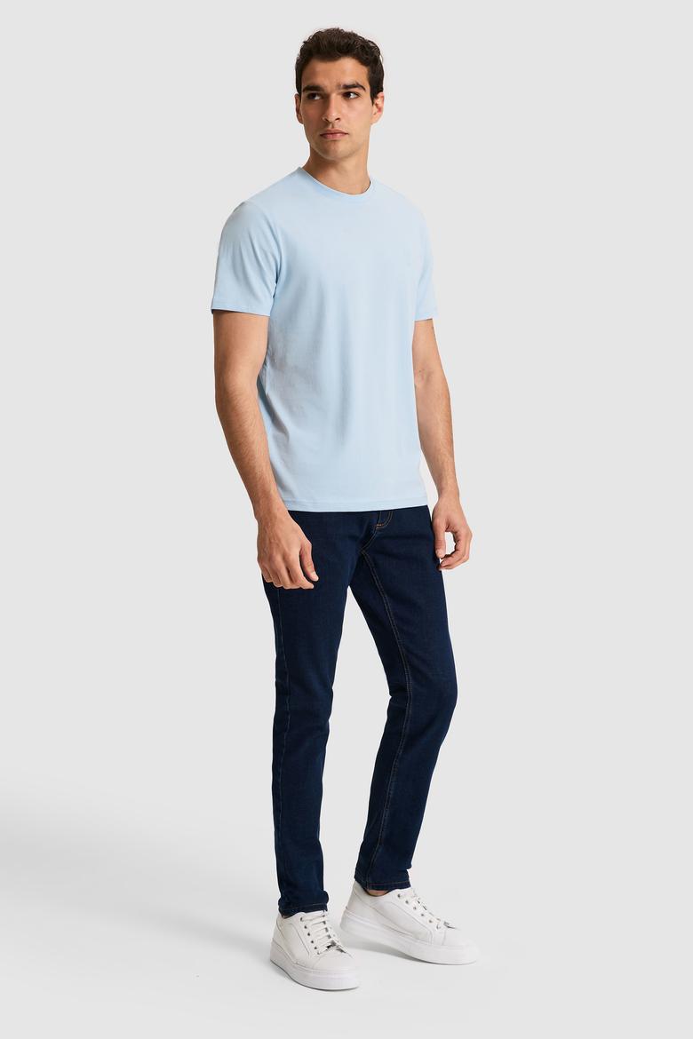 Erkek Regular Fit Bisiklet Yaka Açık Mavi Basic Tişört - 50326953001