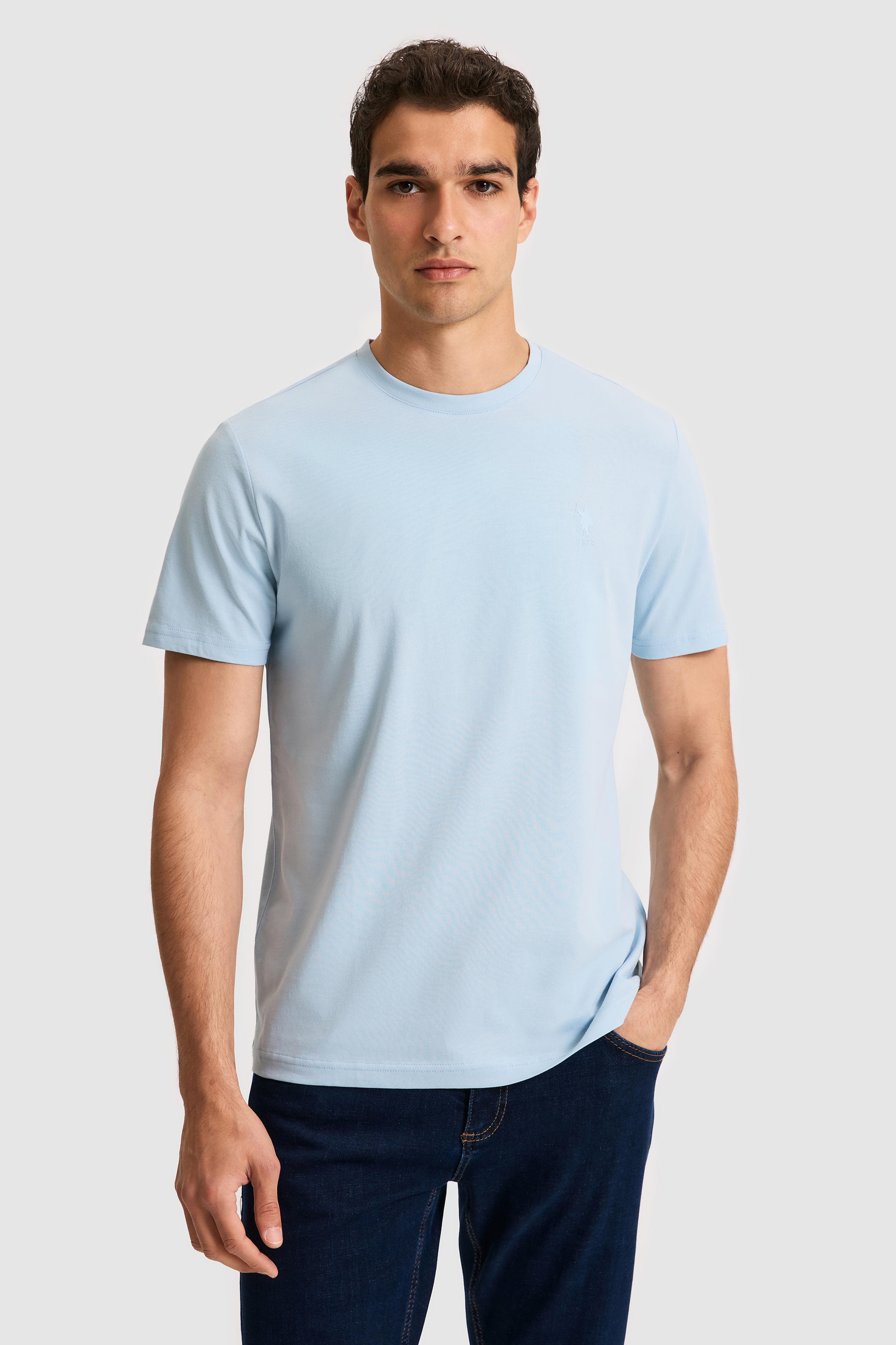 Erkek Regular Fit Bisiklet Yaka Açık Mavi Basic Tişört - Image 1