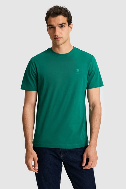 Erkek Regular Fit Bisiklet Yaka Koyu Yeşil Basic Tişört