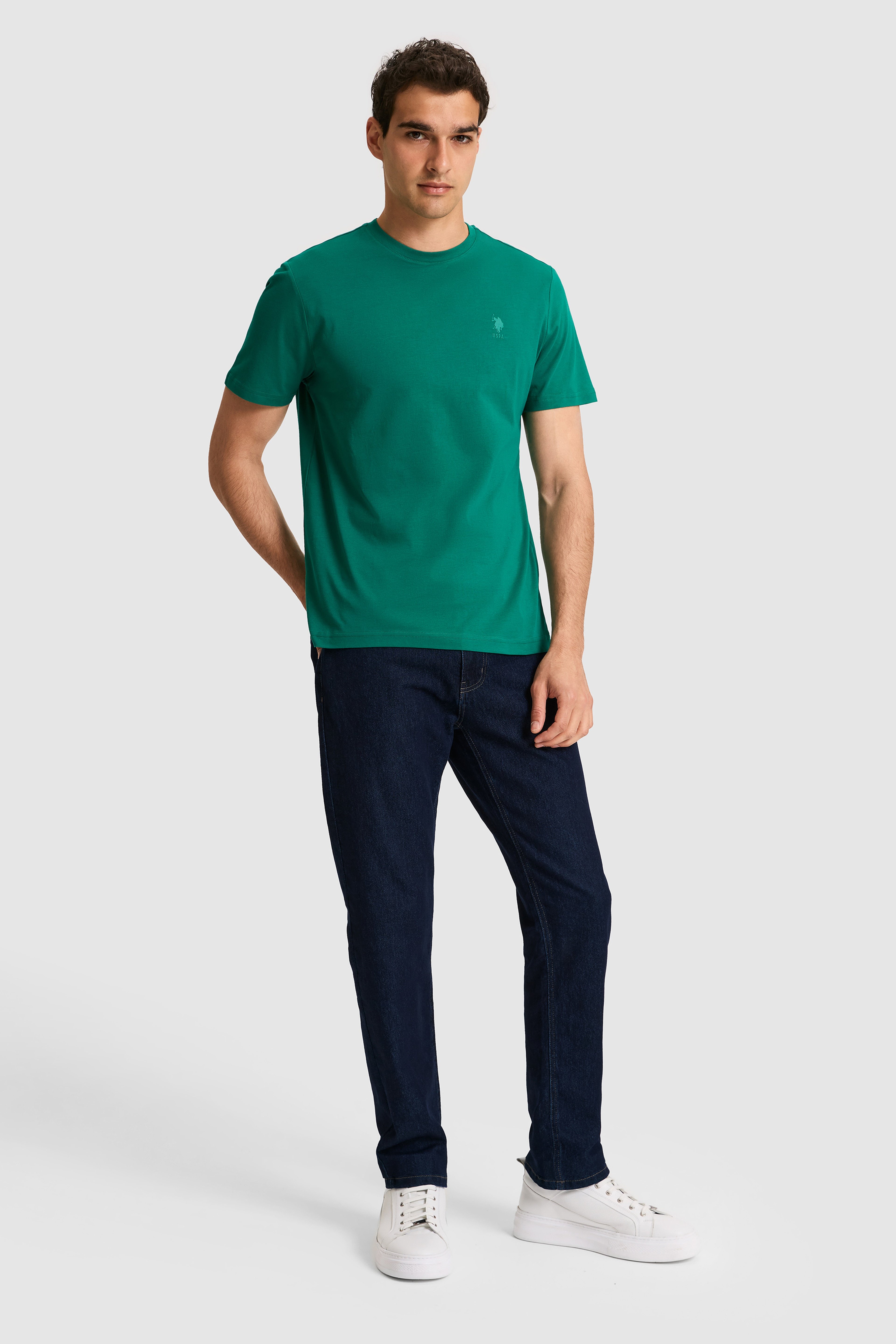 Erkek Regular Fit Bisiklet Yaka Koyu Yeşil Basic Tişört