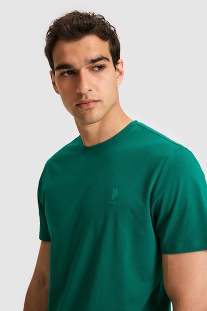 Erkek Regular Fit Bisiklet Yaka Koyu Yeşil Basic Tişört