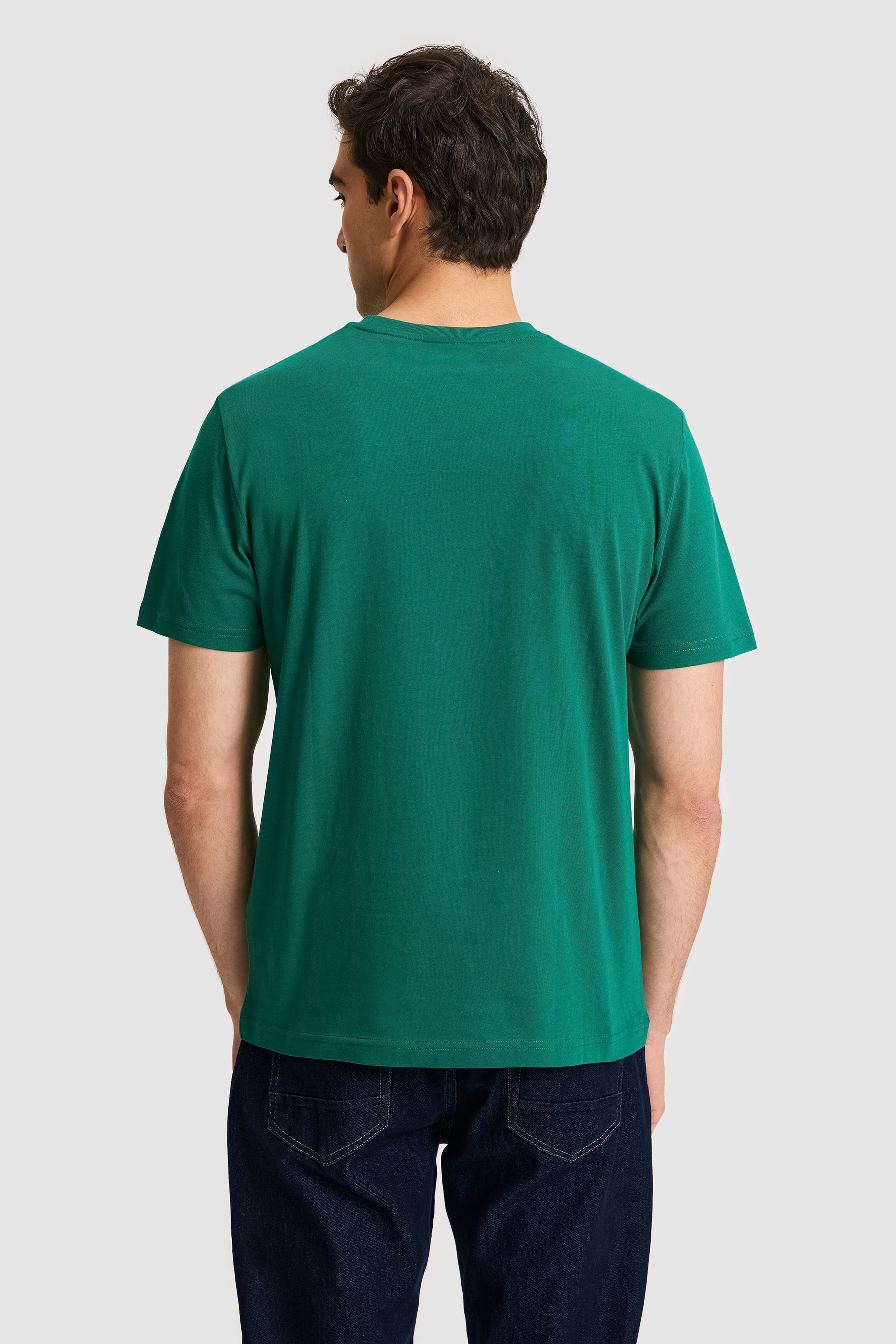Erkek Regular Fit Bisiklet Yaka Koyu Yeşil Basic Tişört - Image 5