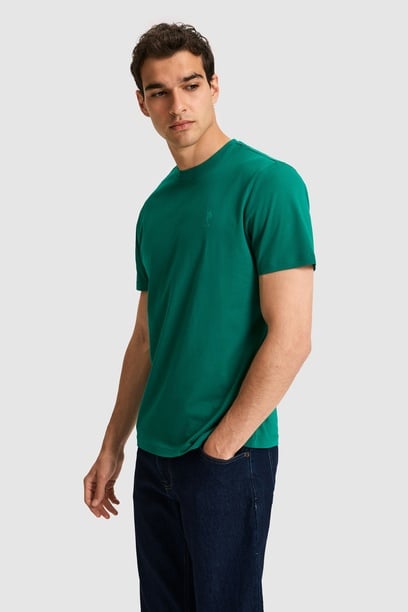 Erkek Regular Fit Bisiklet Yaka Koyu Yeşil Basic Tişört
