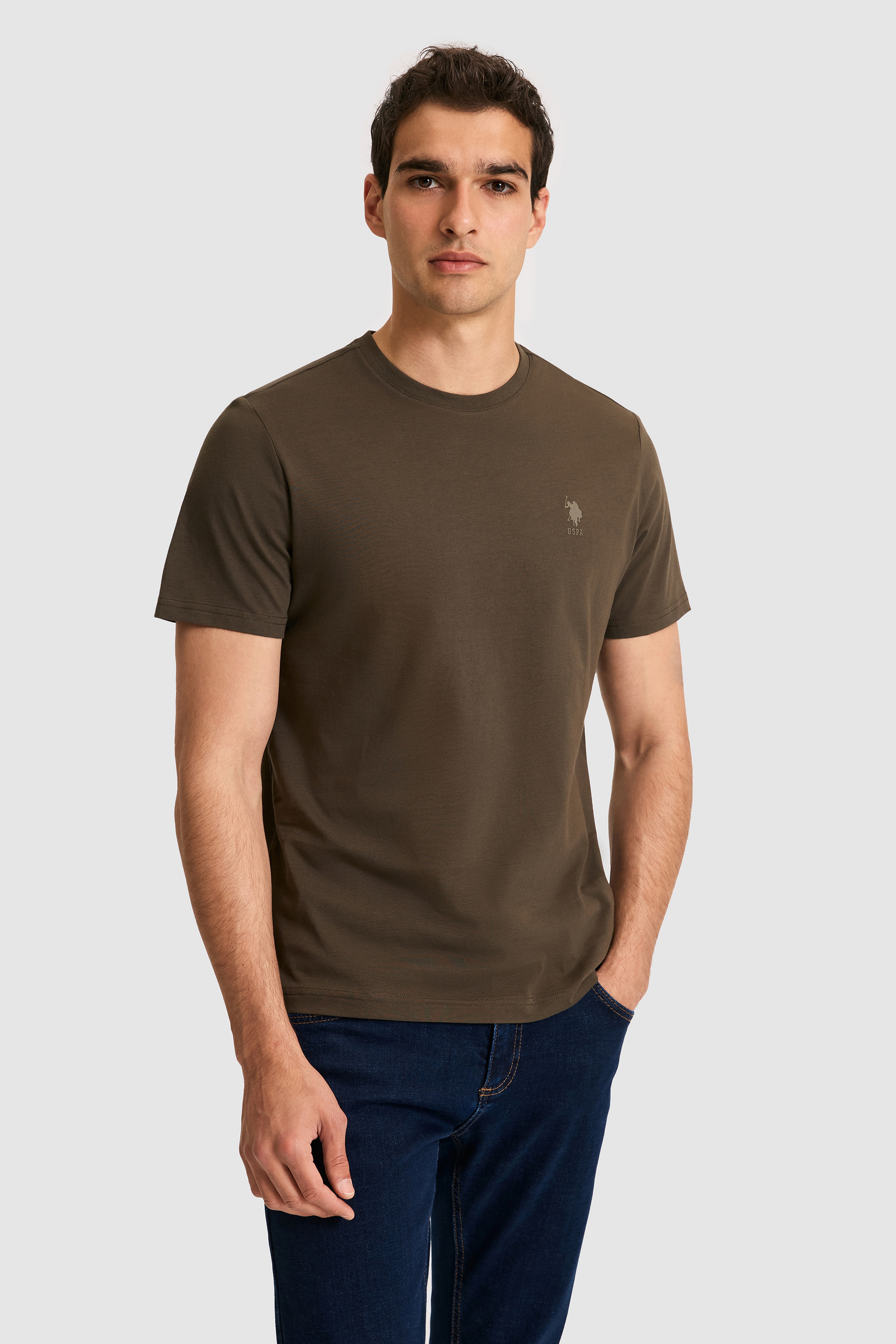 Erkek Regular Fit Bisiklet Yaka Koyu Haki Basic Tişört