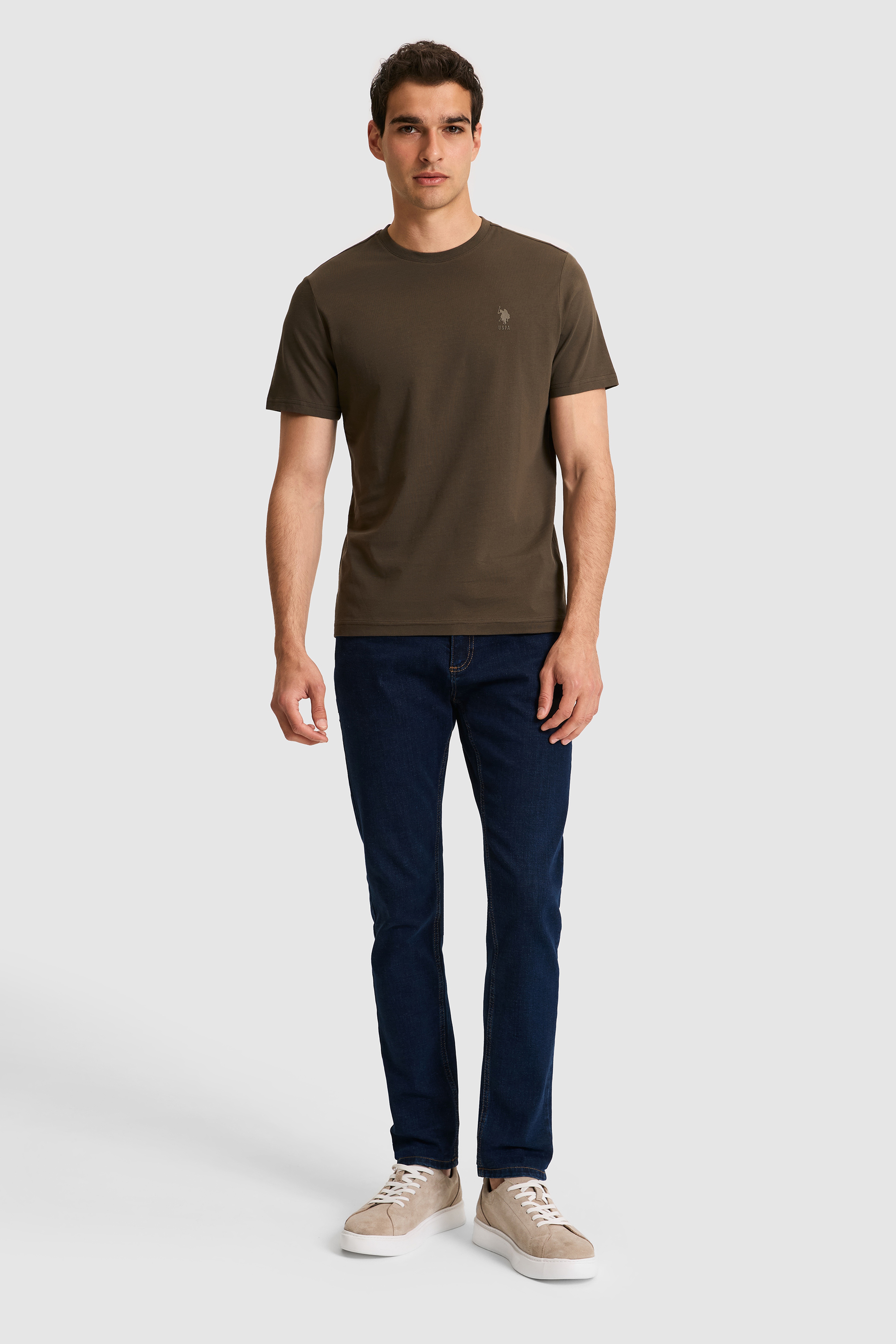 Erkek Regular Fit Bisiklet Yaka Koyu Haki Basic Tişört