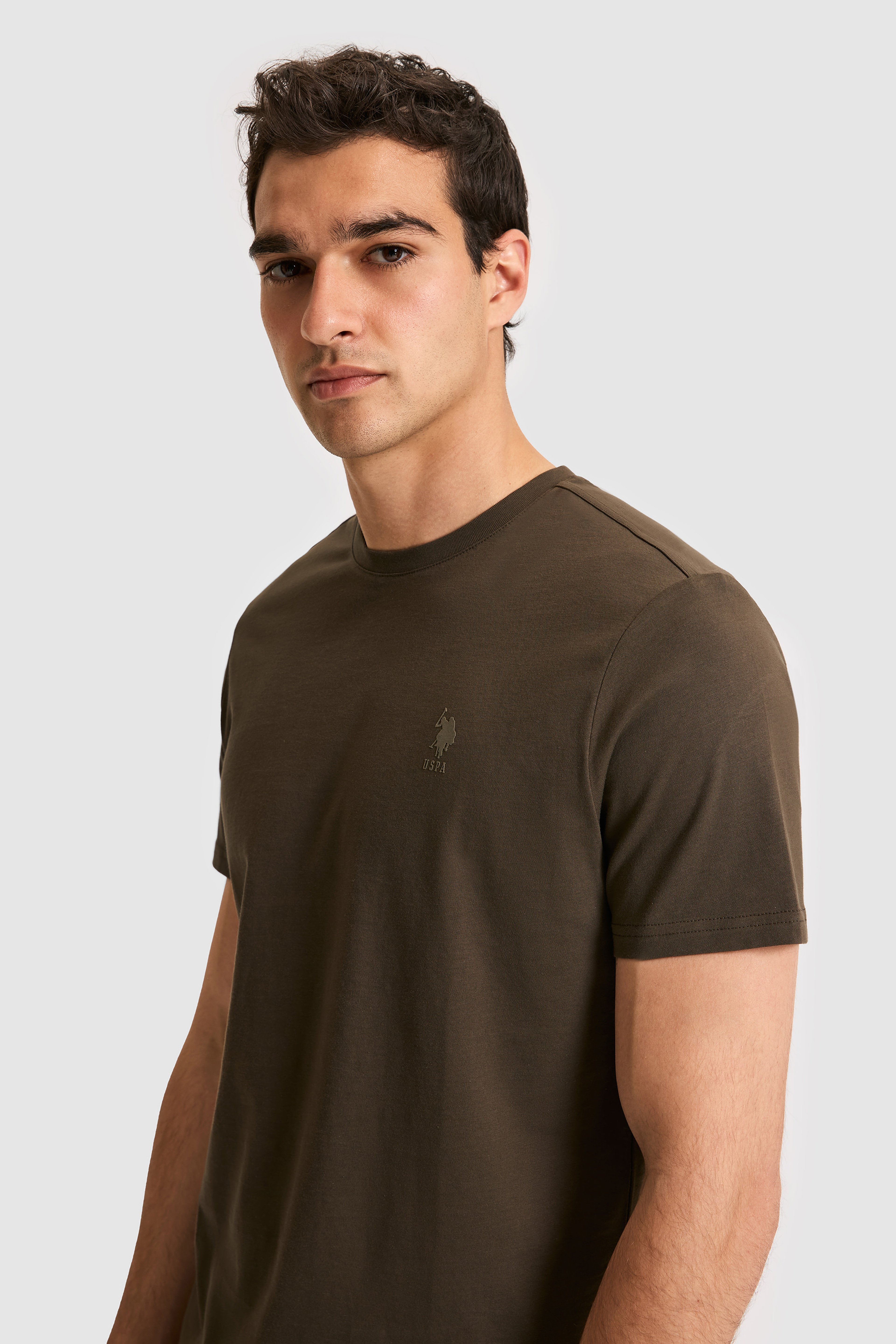 Erkek Regular Fit Bisiklet Yaka Koyu Haki Basic Tişört