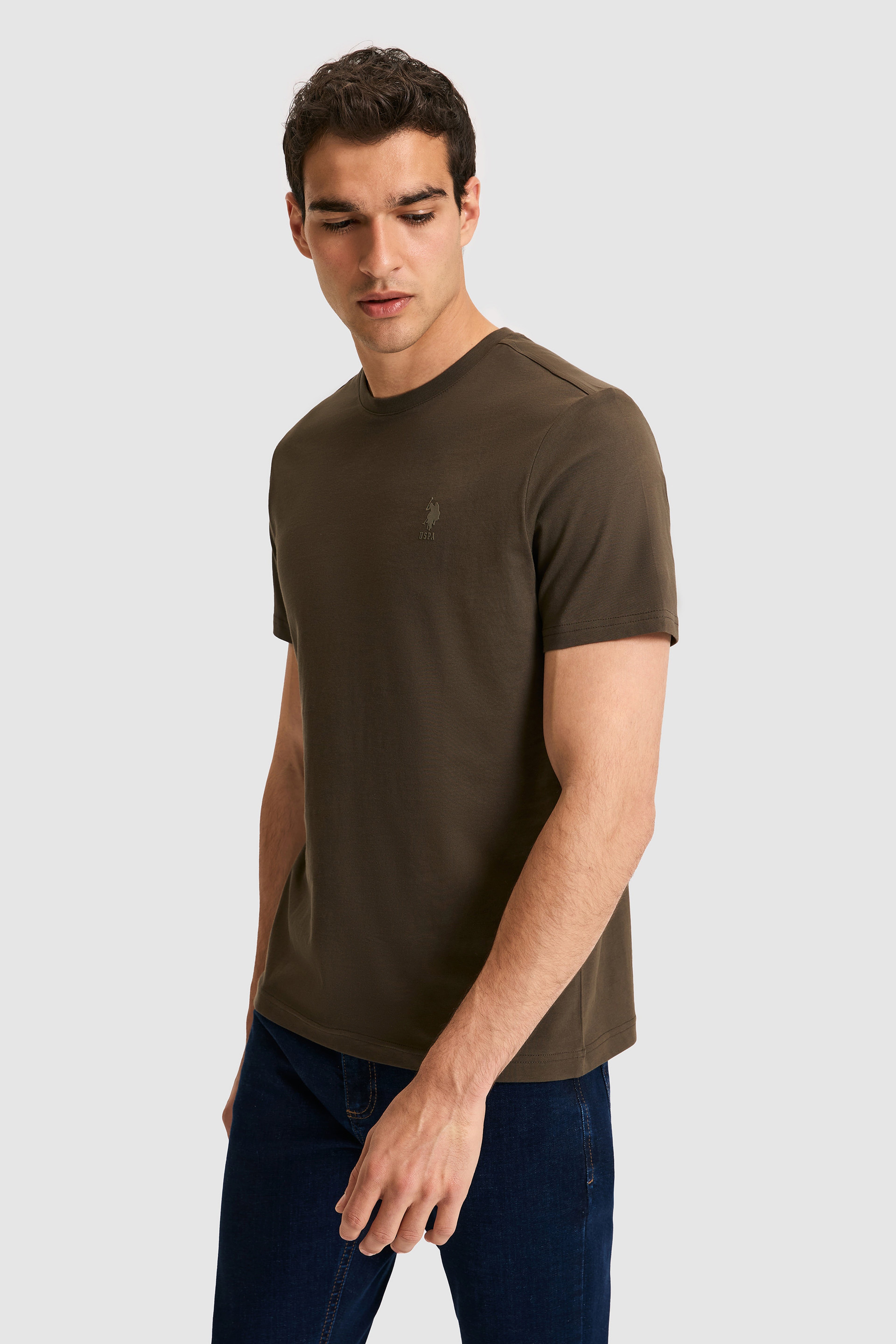 Erkek Regular Fit Bisiklet Yaka Koyu Haki Basic Tişört - Image 1