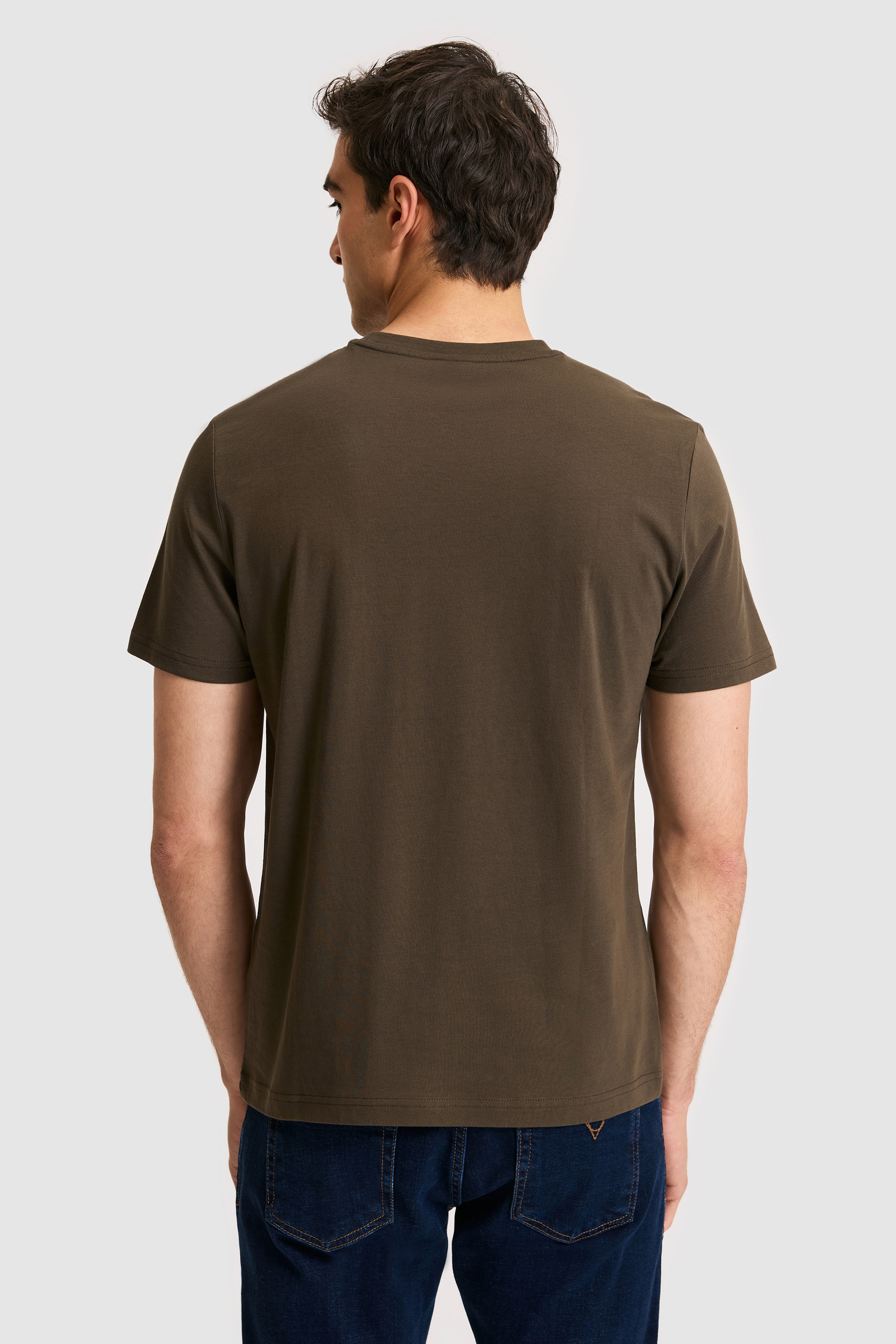 Erkek Regular Fit Bisiklet Yaka Koyu Haki Basic Tişört - Image 5