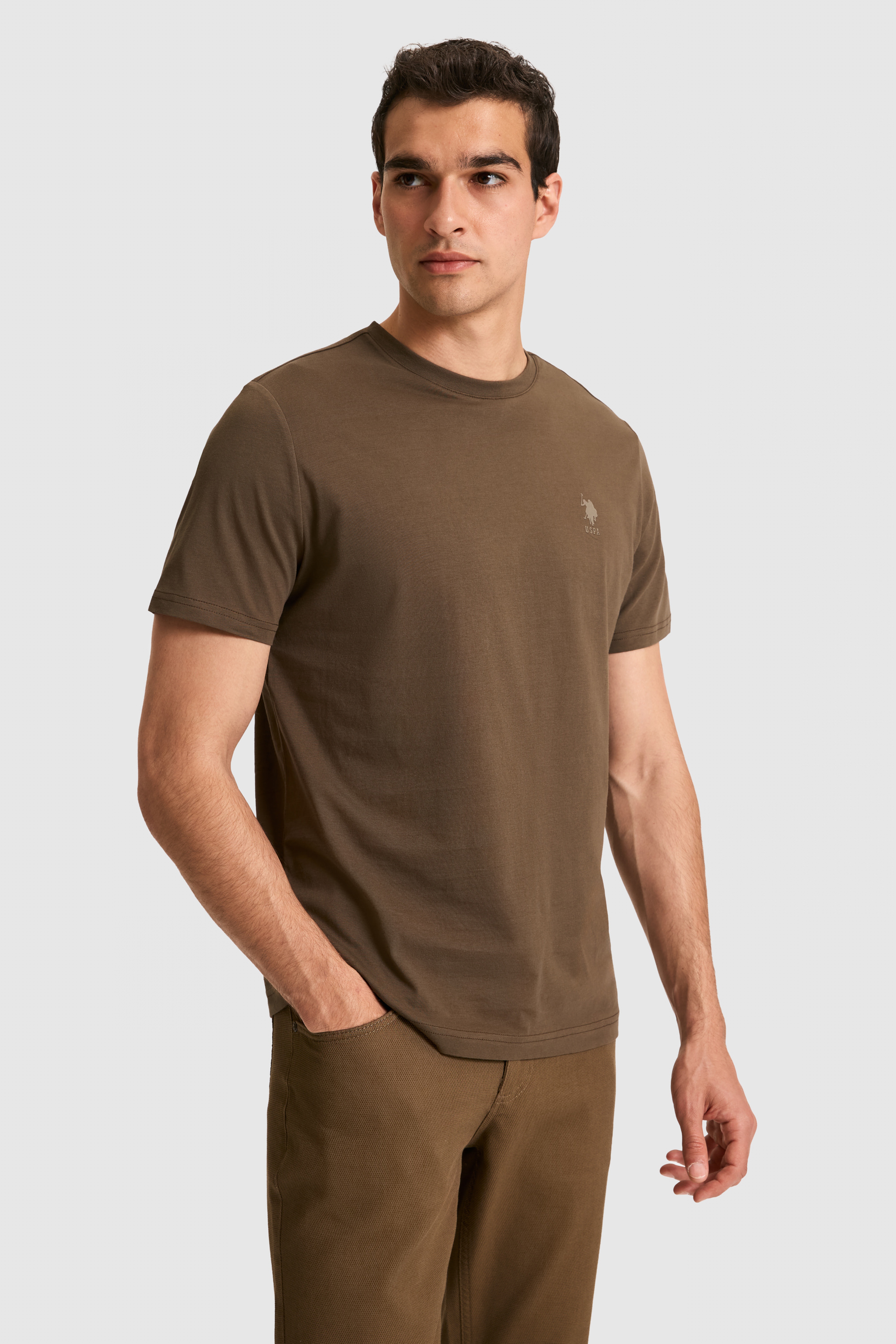 Erkek Regular Fit Bisiklet Yaka Kahverengi Basic Tişört - Image 1