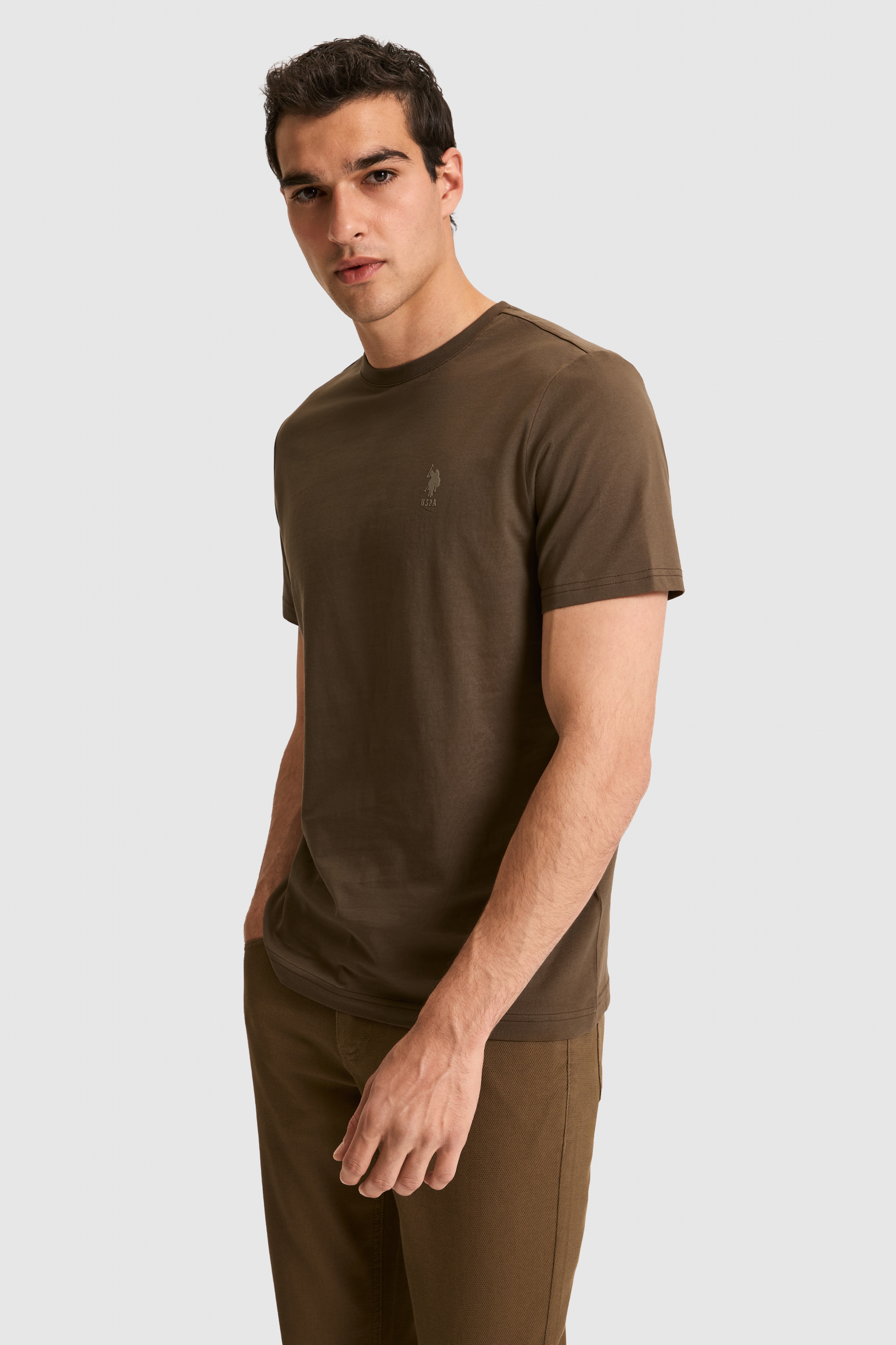 Erkek Regular Fit Bisiklet Yaka Kahverengi Basic Tişört