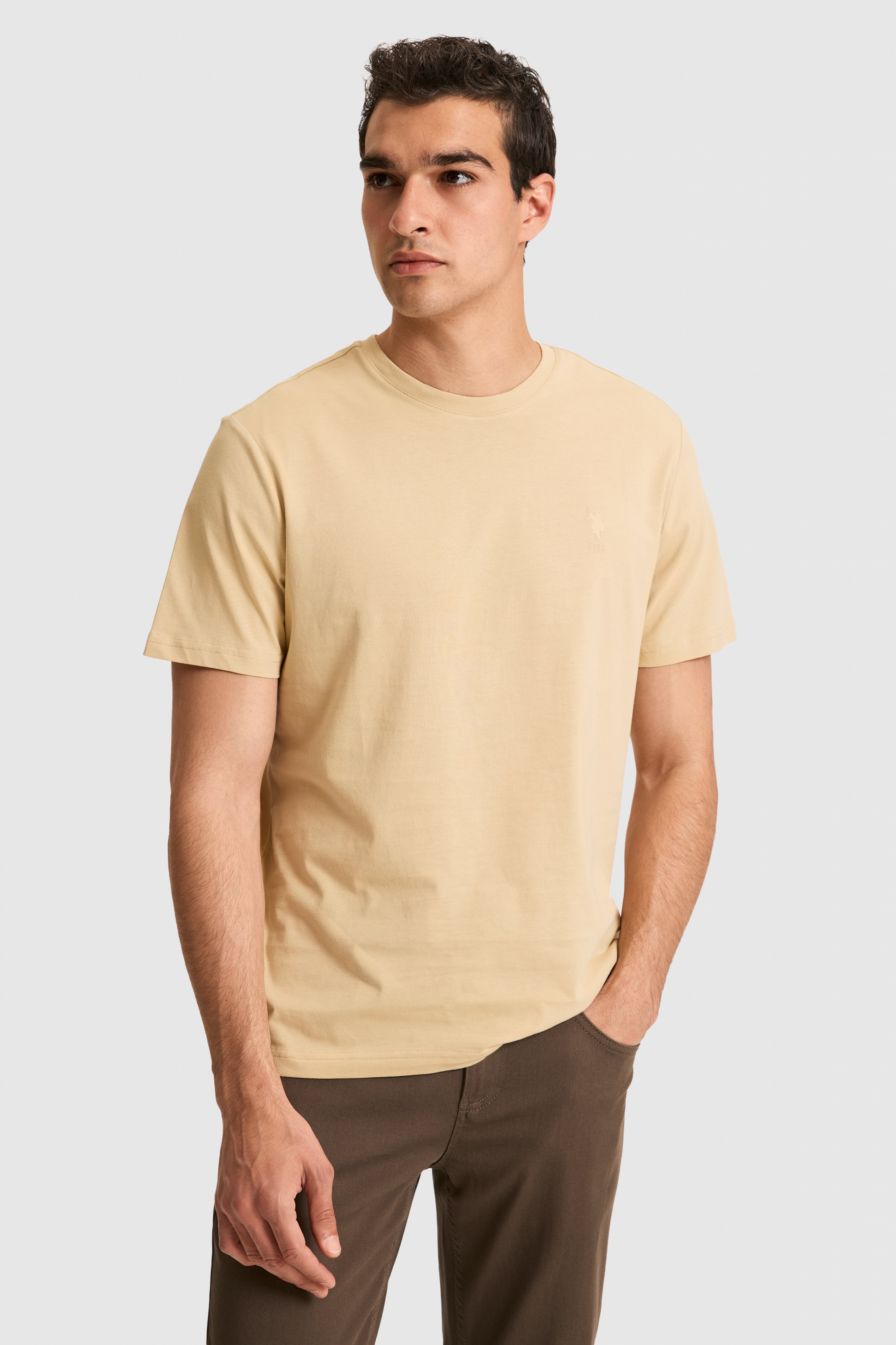 Erkek Regular Fit Bisiklet Yaka Bej Basic Tişört