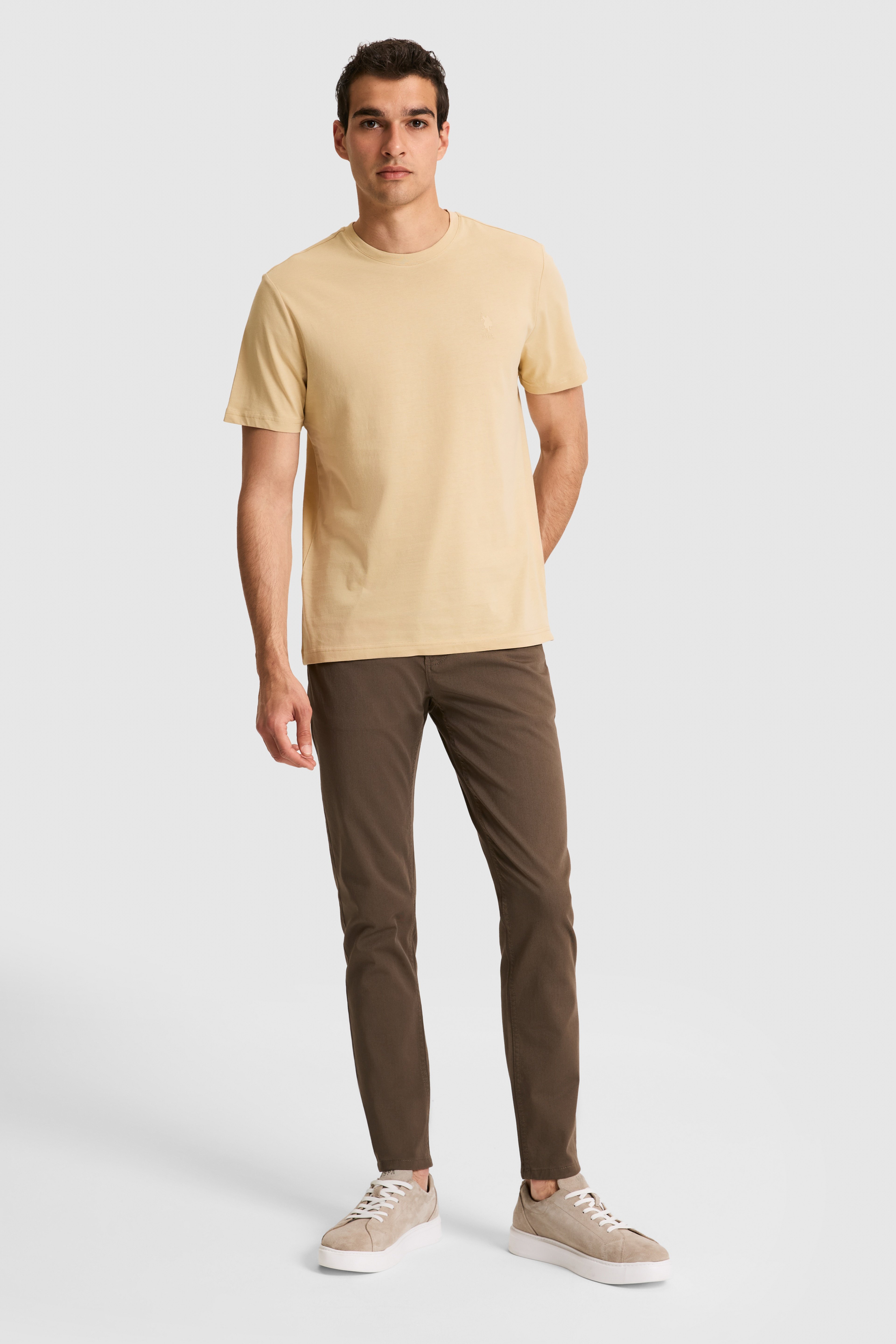 Erkek Regular Fit Bisiklet Yaka Bej Basic Tişört