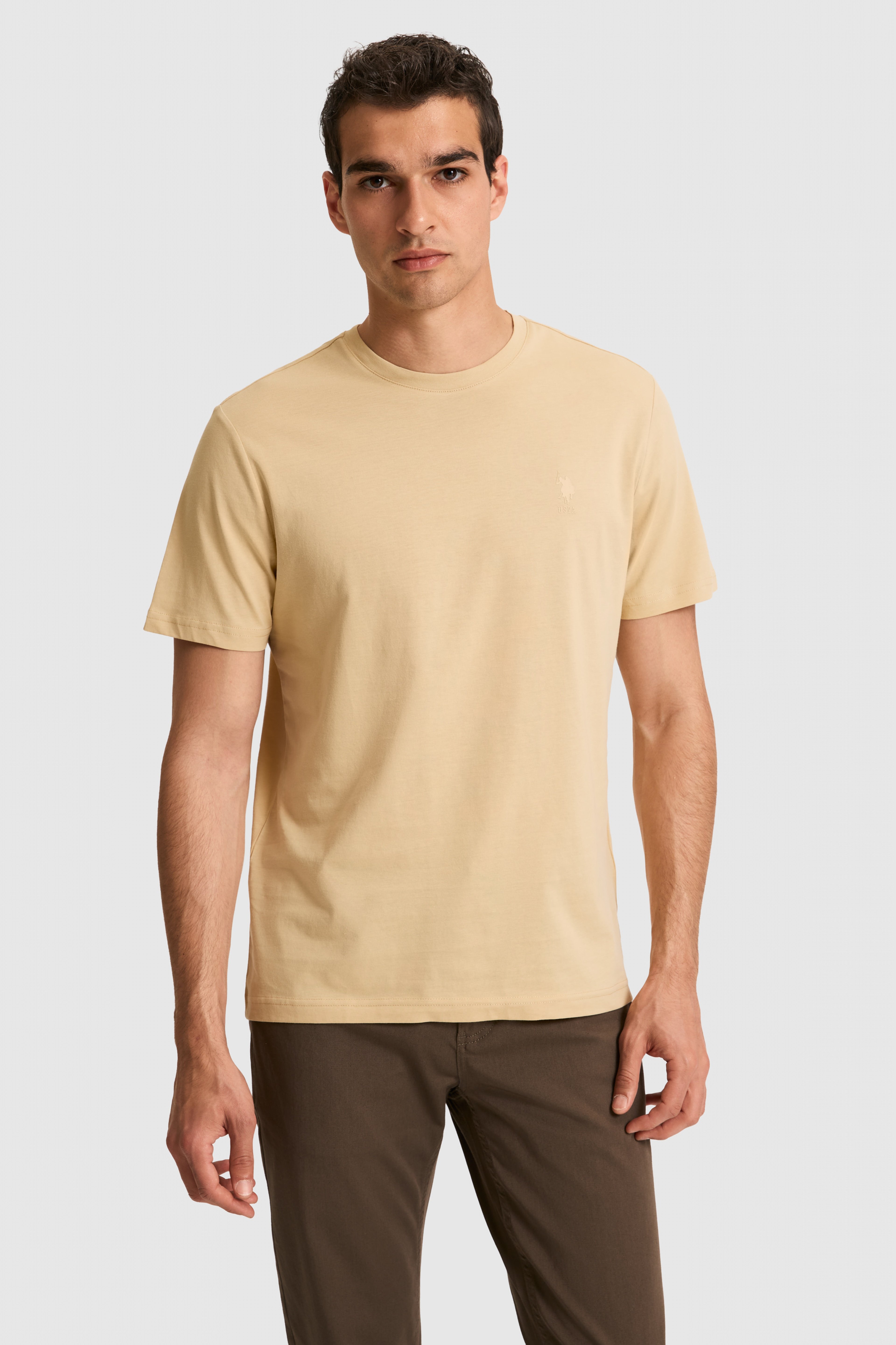 Erkek Regular Fit Bisiklet Yaka Bej Basic Tişört